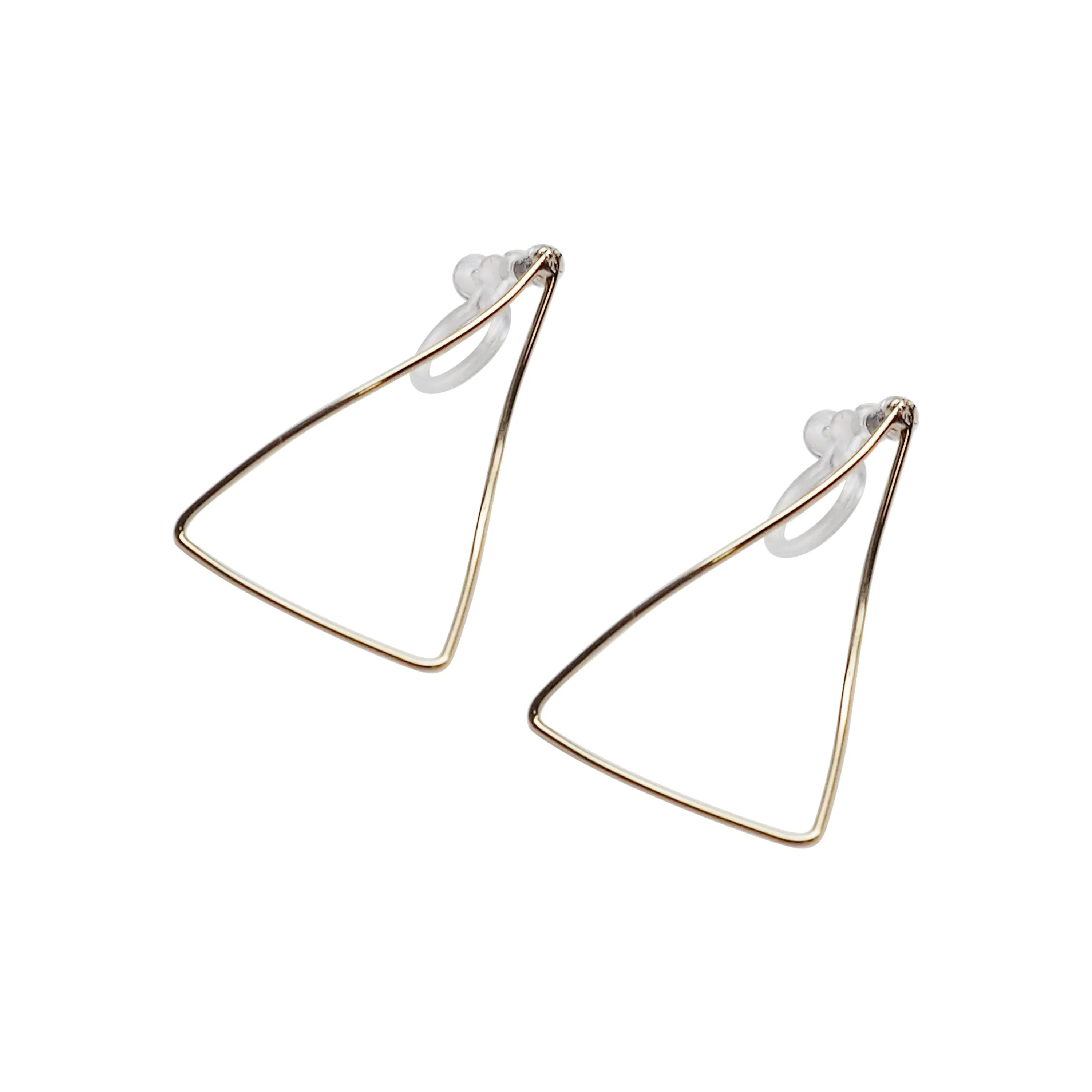 Gold Distorted Triangle Hoops Invisible Clip On Stud Earrings