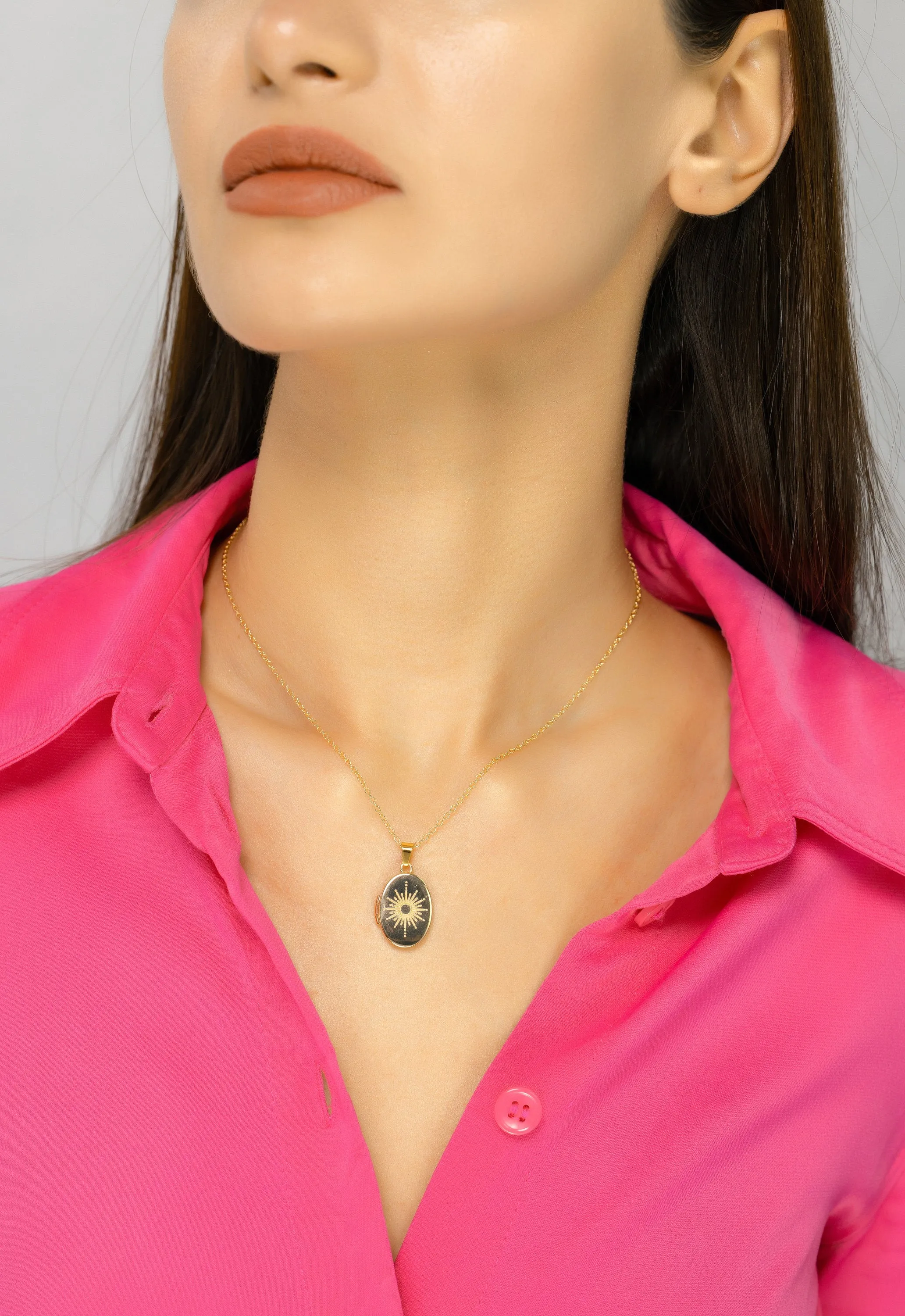 Gold Locket Necklace with Sun