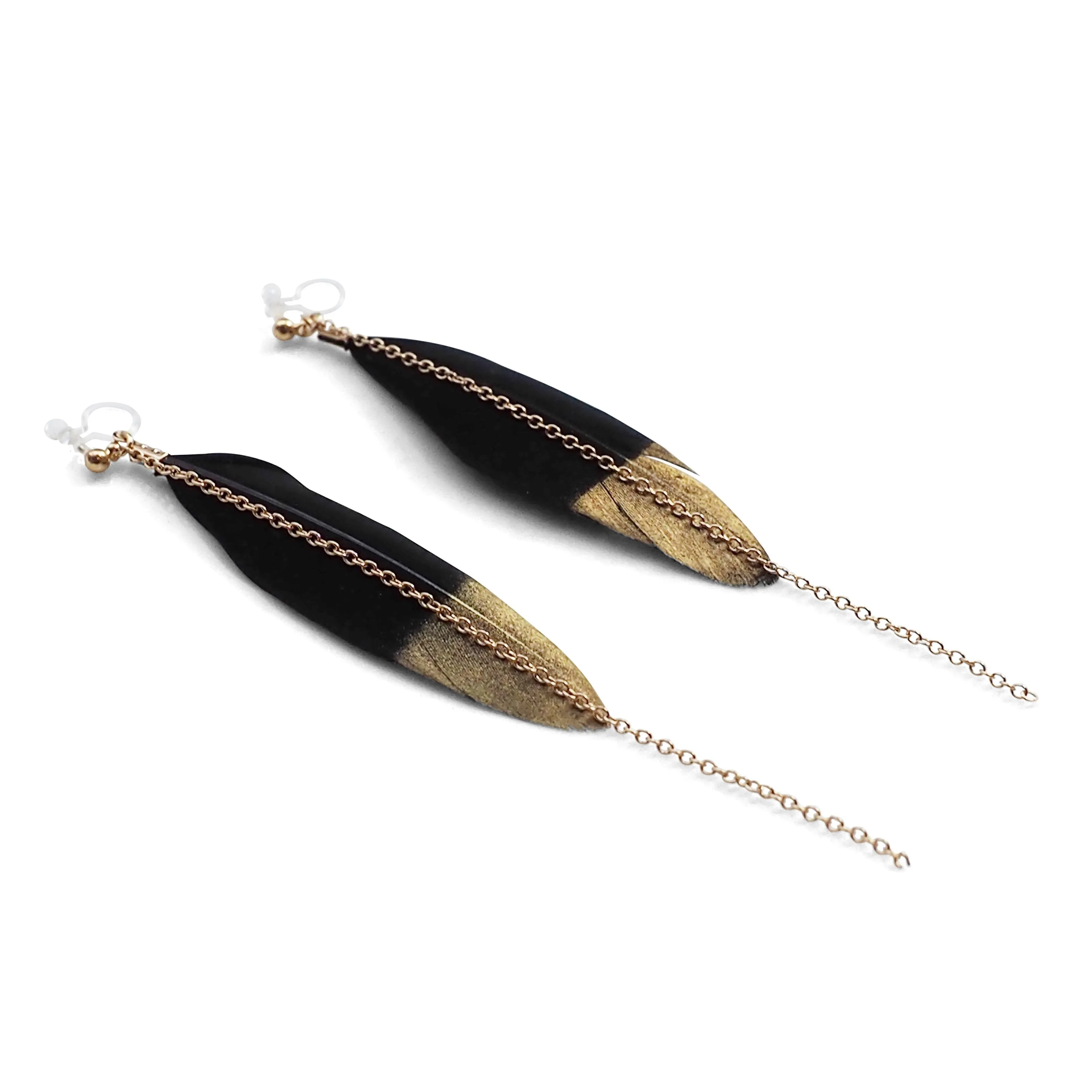 Gold painted black feather invisible clip on earrings