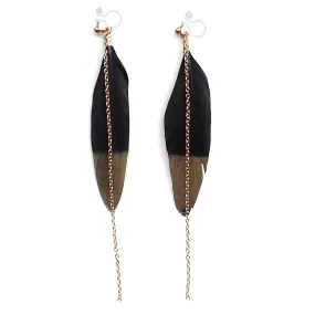 Gold painted black feather invisible clip on earrings