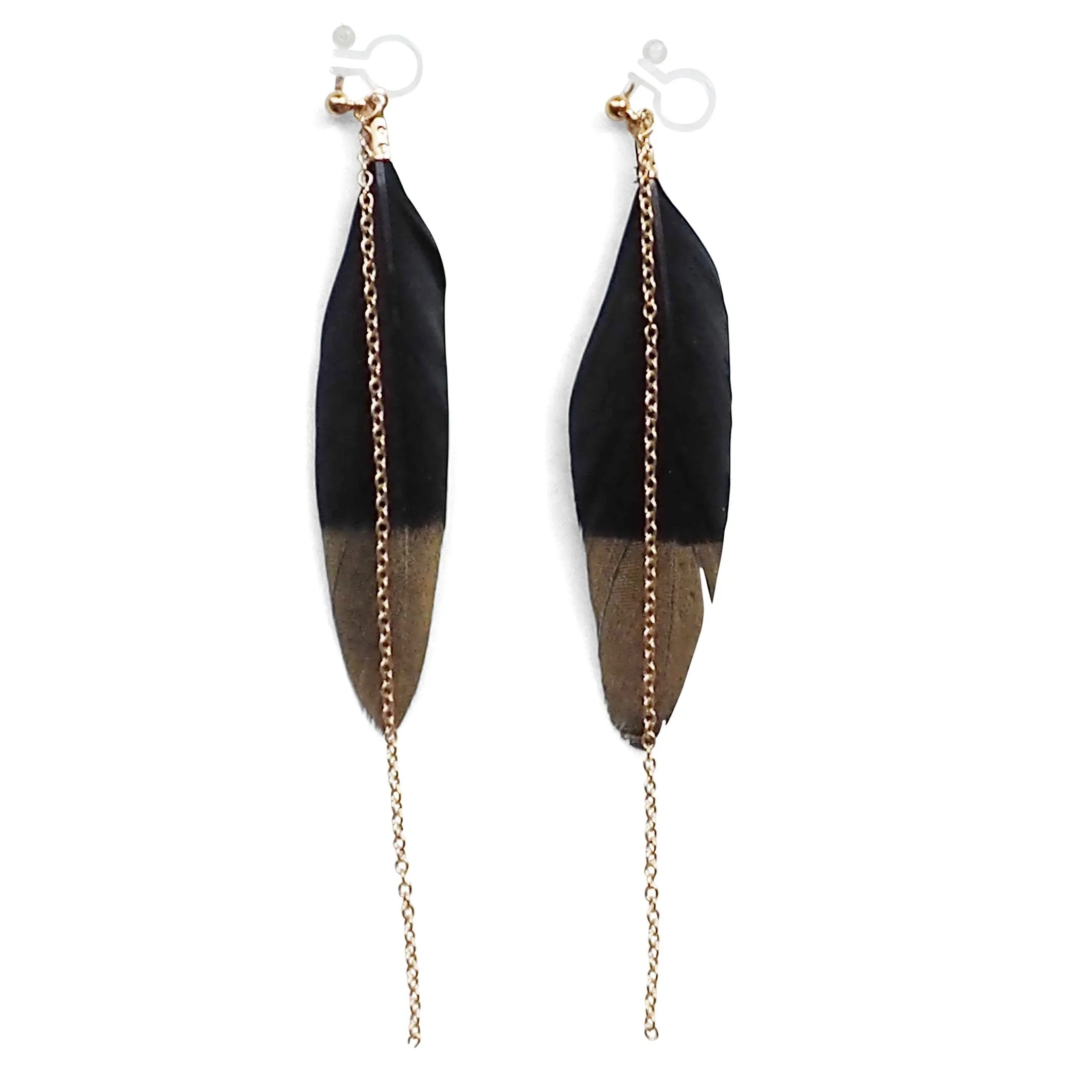 Gold painted black feather invisible clip on earrings