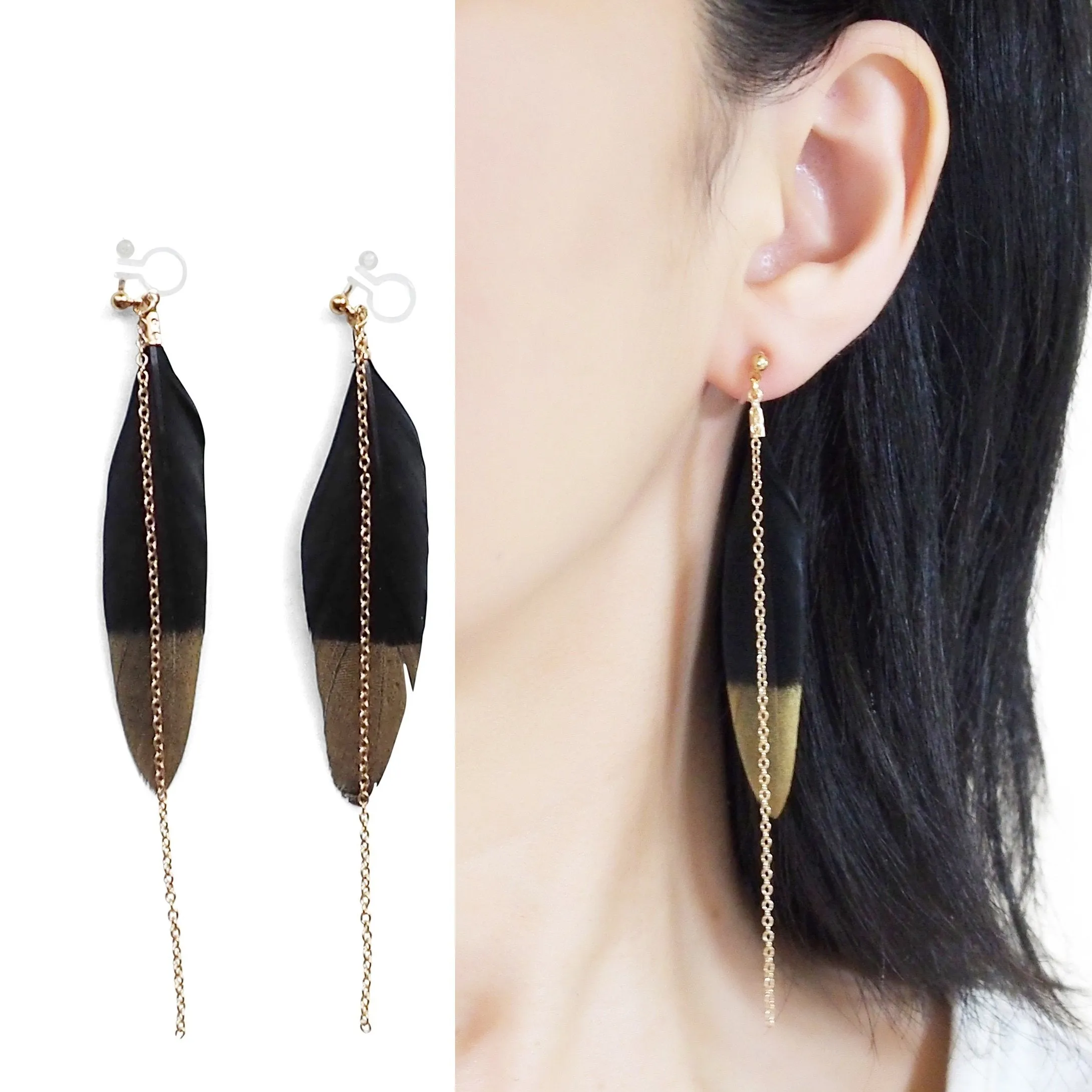 Gold painted black feather invisible clip on earrings