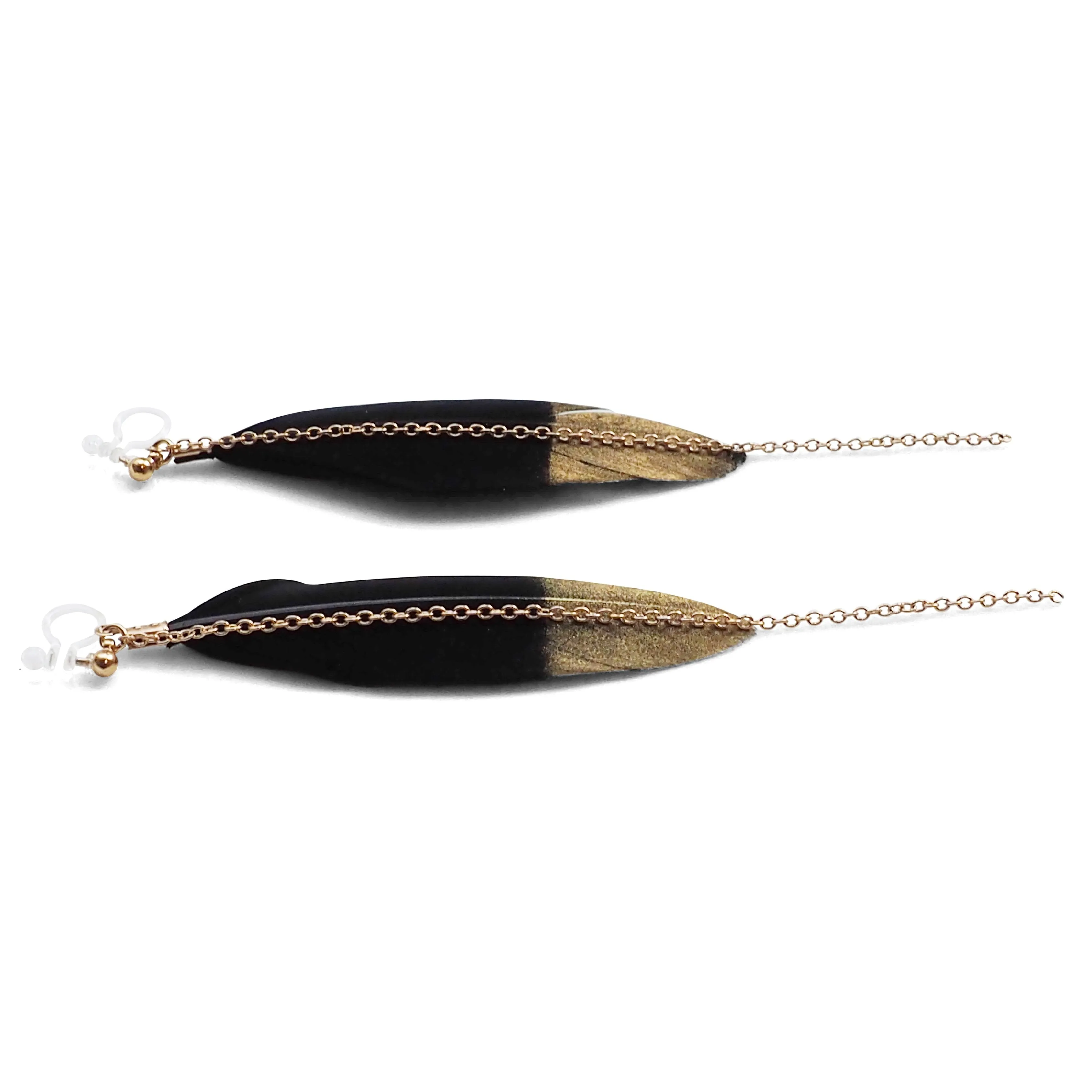 Gold painted black feather invisible clip on earrings