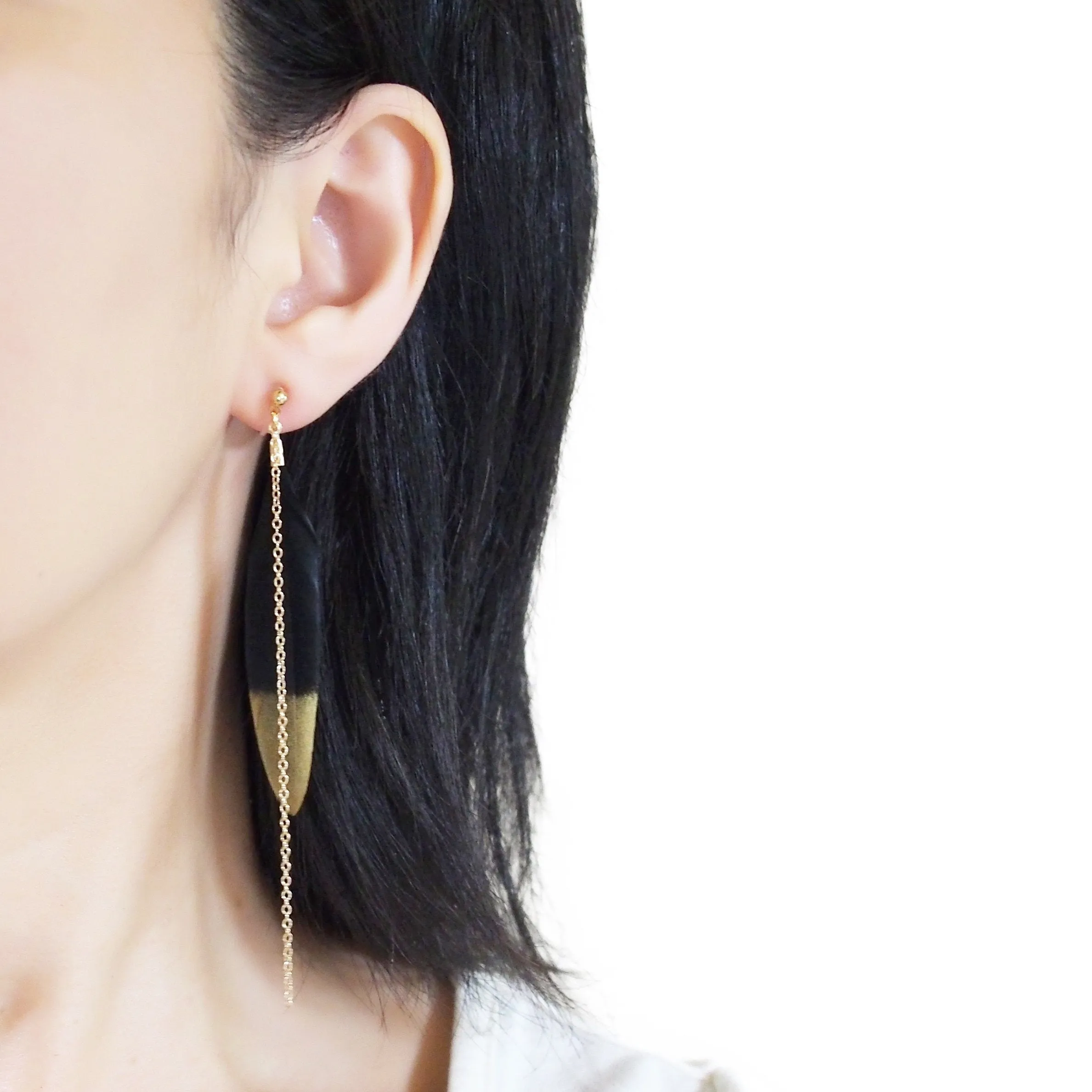 Gold painted black feather invisible clip on earrings