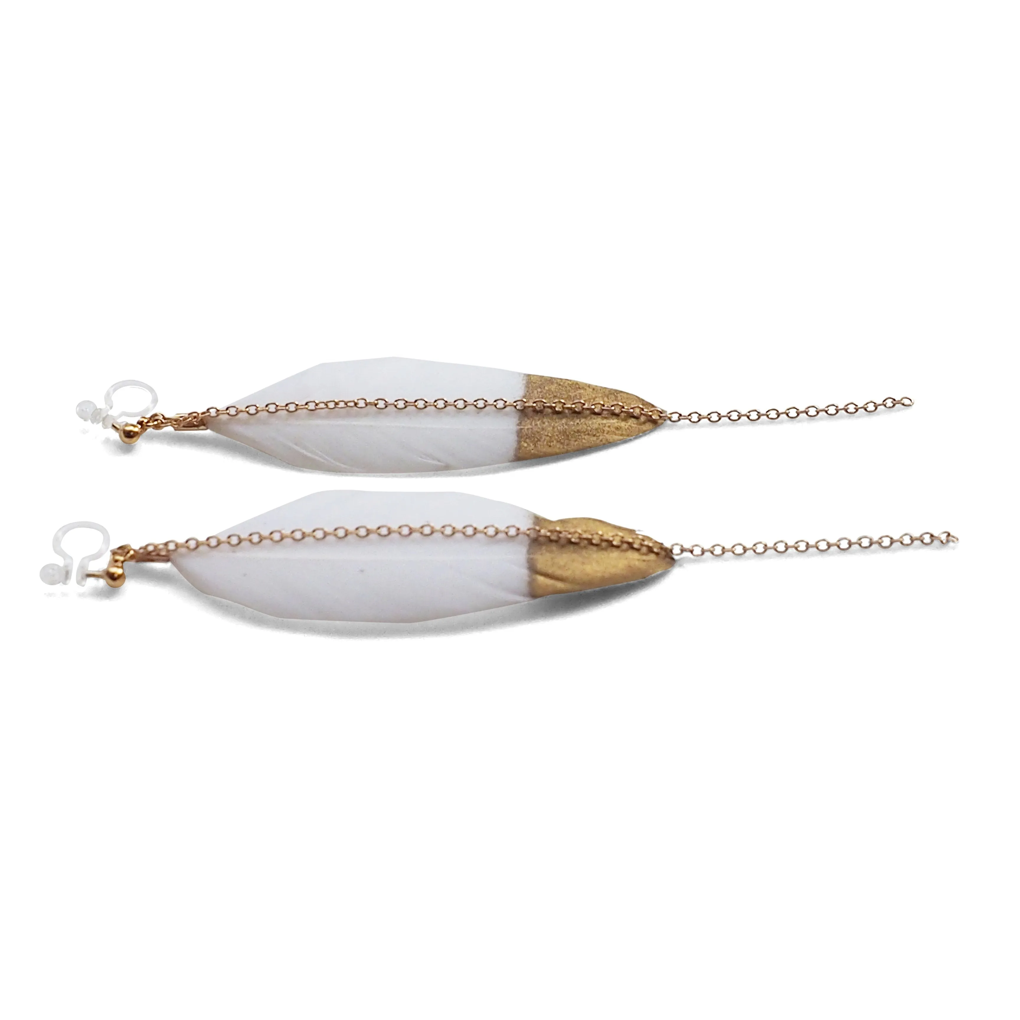 Gold painted white feather invisible clip on earrings
