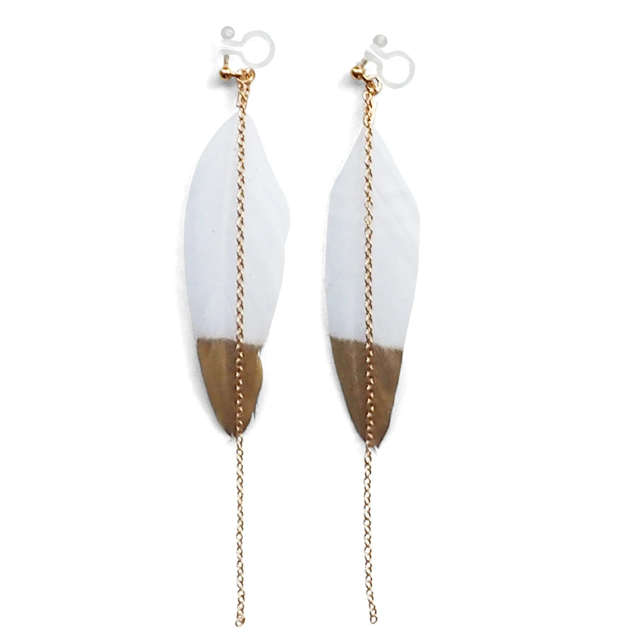Gold painted white feather invisible clip on earrings