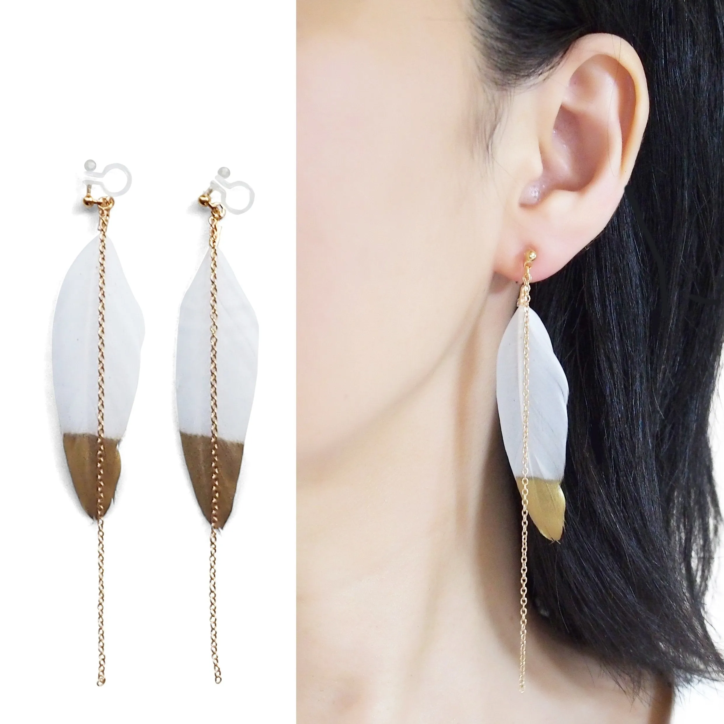Gold painted white feather invisible clip on earrings