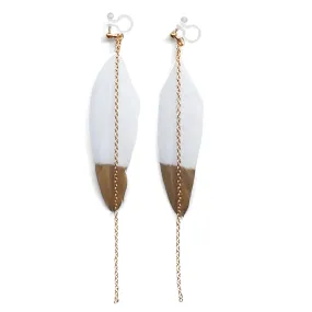 Gold painted white feather invisible clip on earrings