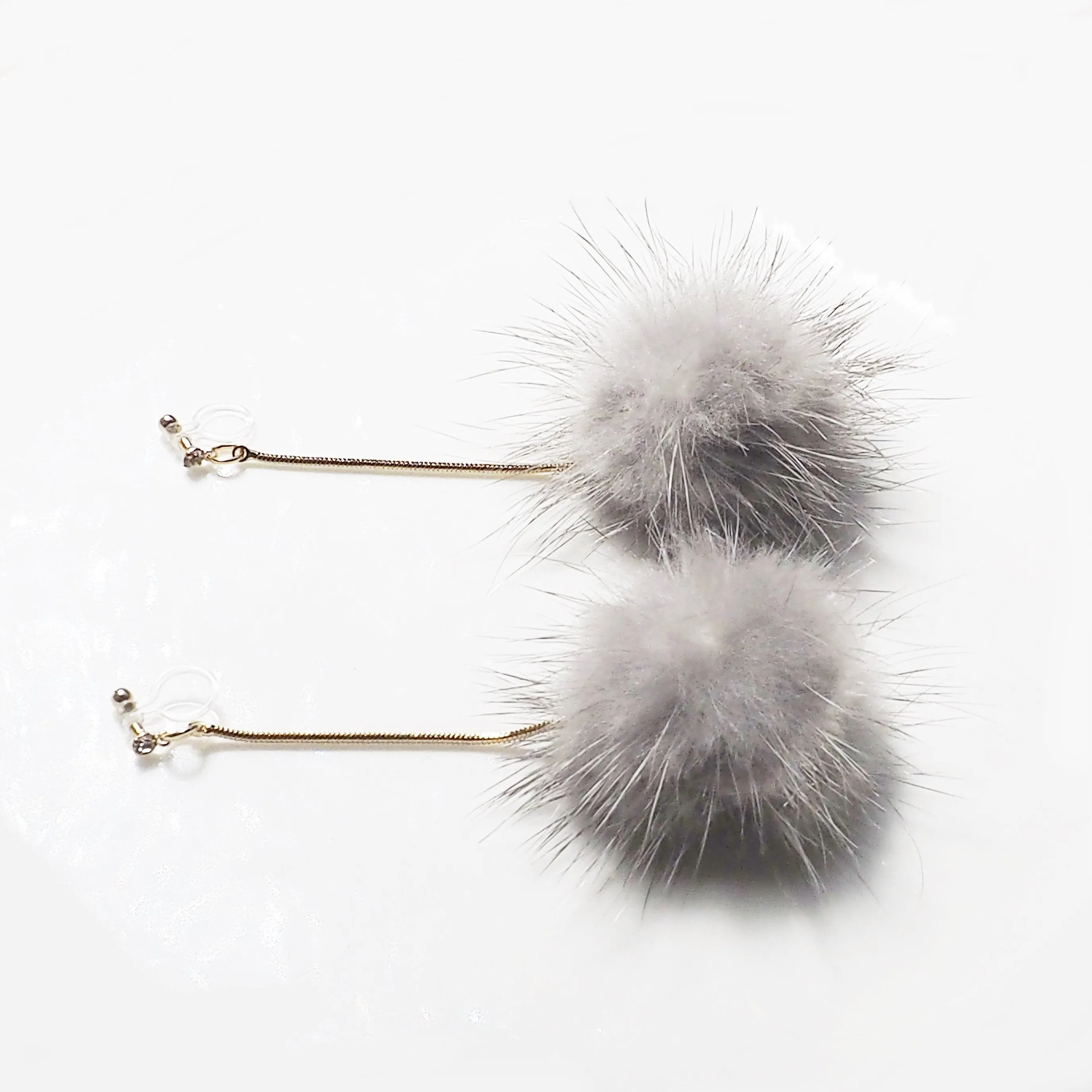 Gray Mink Fur Pom Pom Invisible Clip On Earrings
