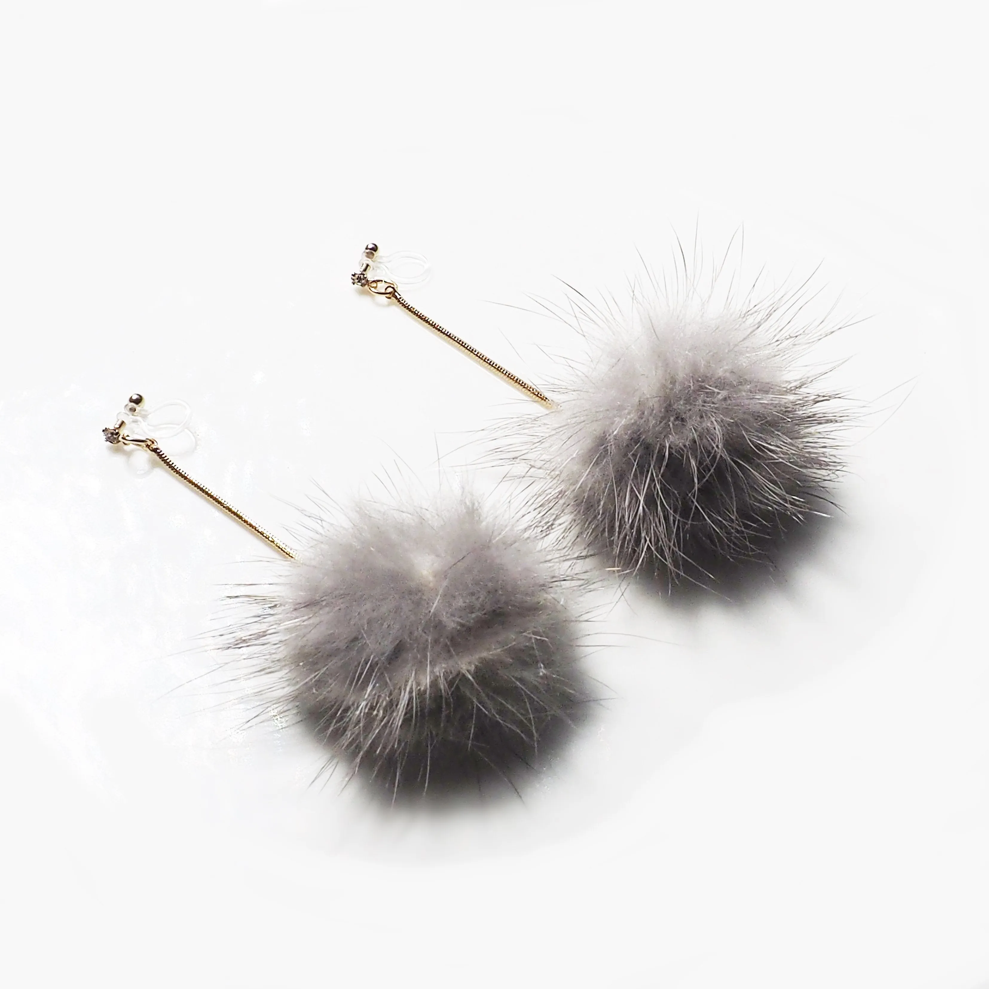 Gray Mink Fur Pom Pom Invisible Clip On Earrings