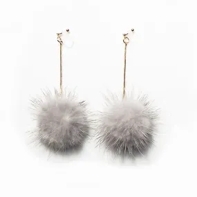 Gray Mink Fur Pom Pom Invisible Clip On Earrings