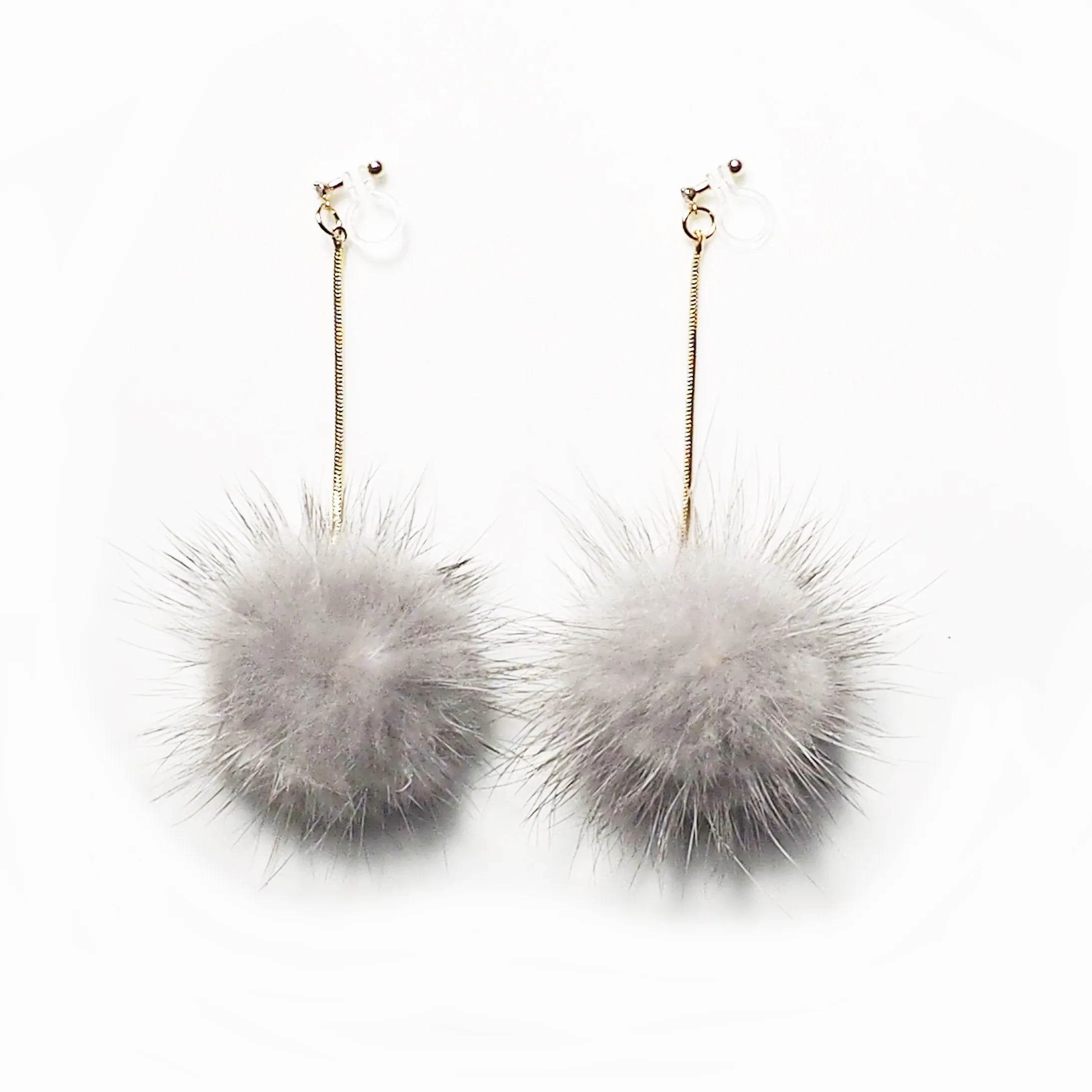 Gray Mink Fur Pom Pom Invisible Clip On Earrings