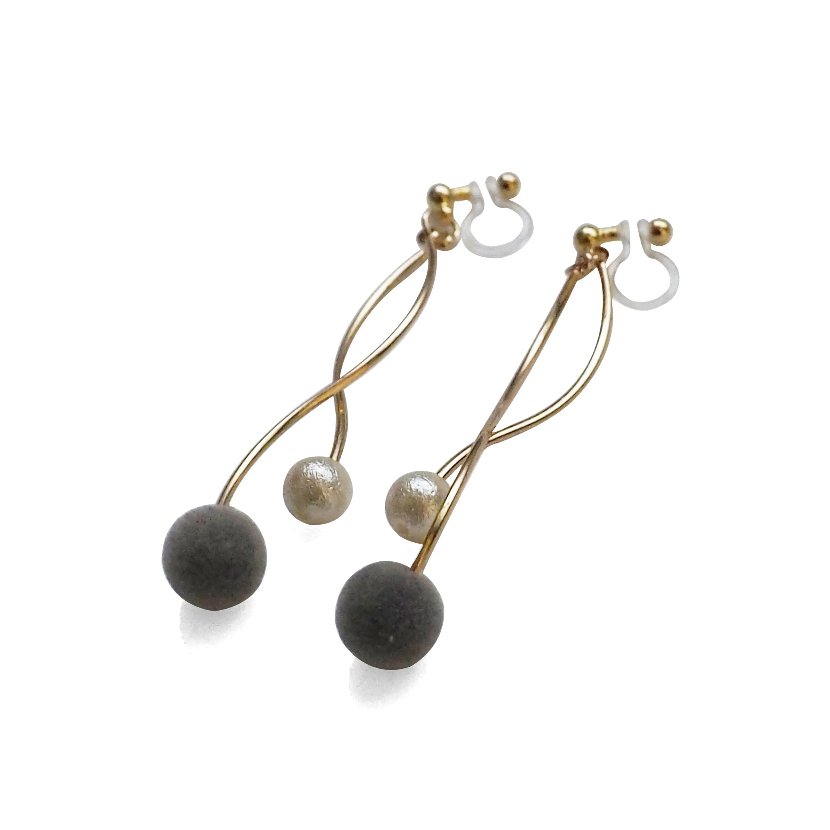 Gray velvet balls and white pearl invisible clip on earrings