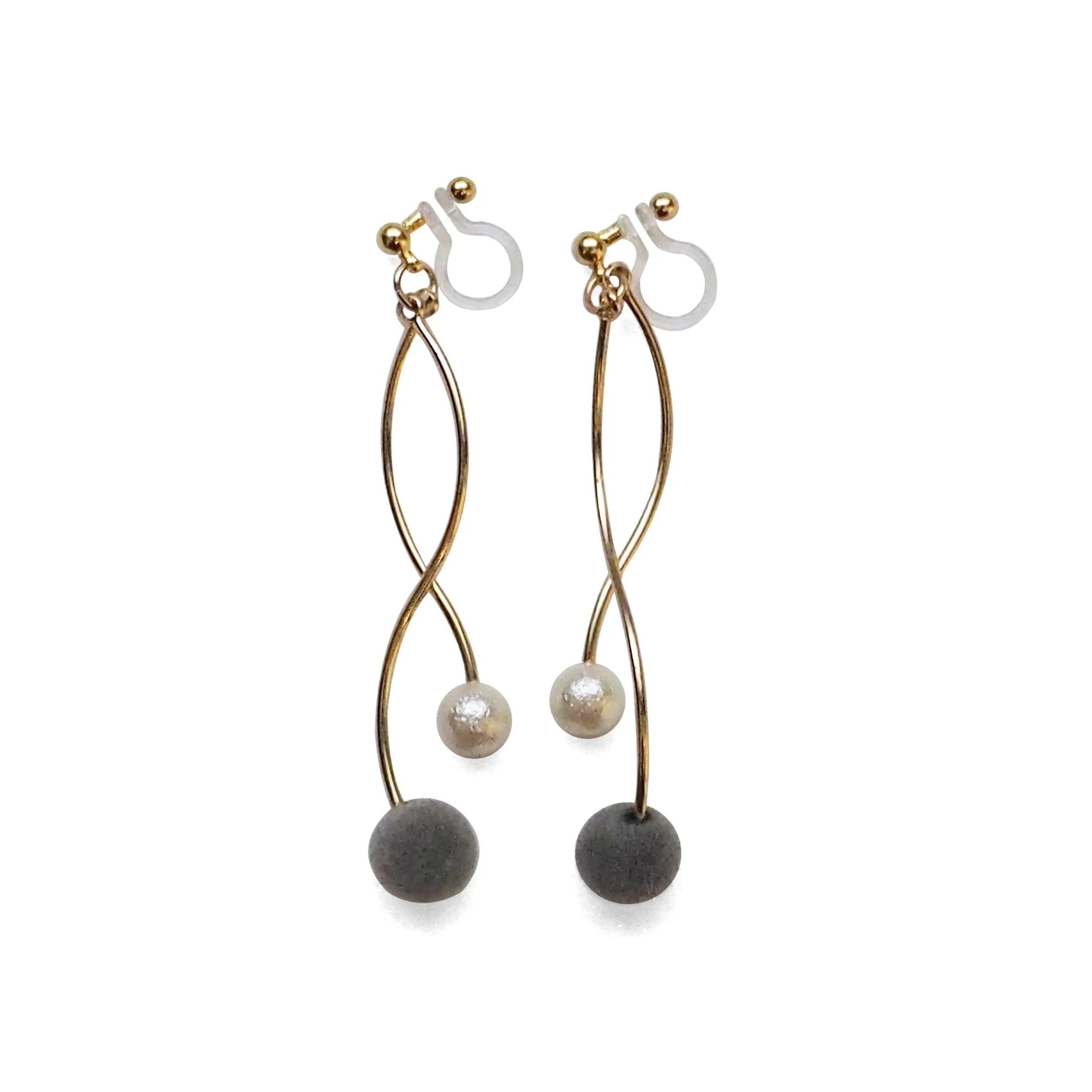 Gray velvet balls and white pearl invisible clip on earrings