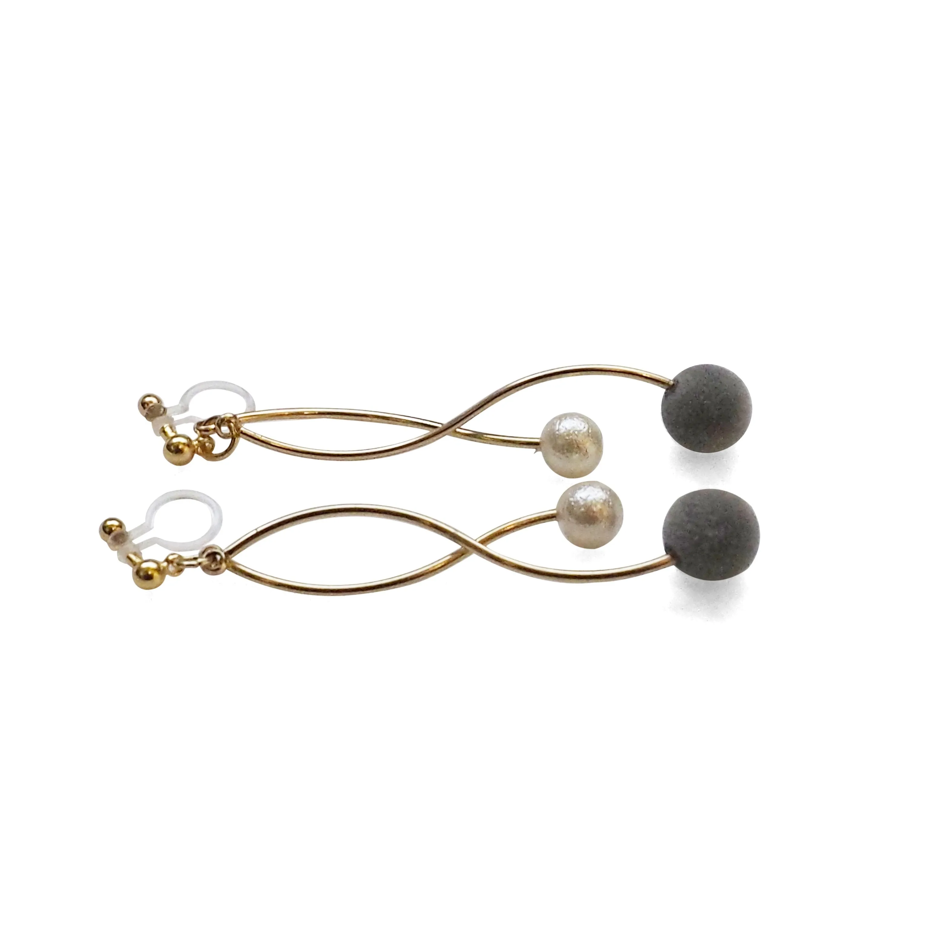 Gray velvet balls and white pearl invisible clip on earrings