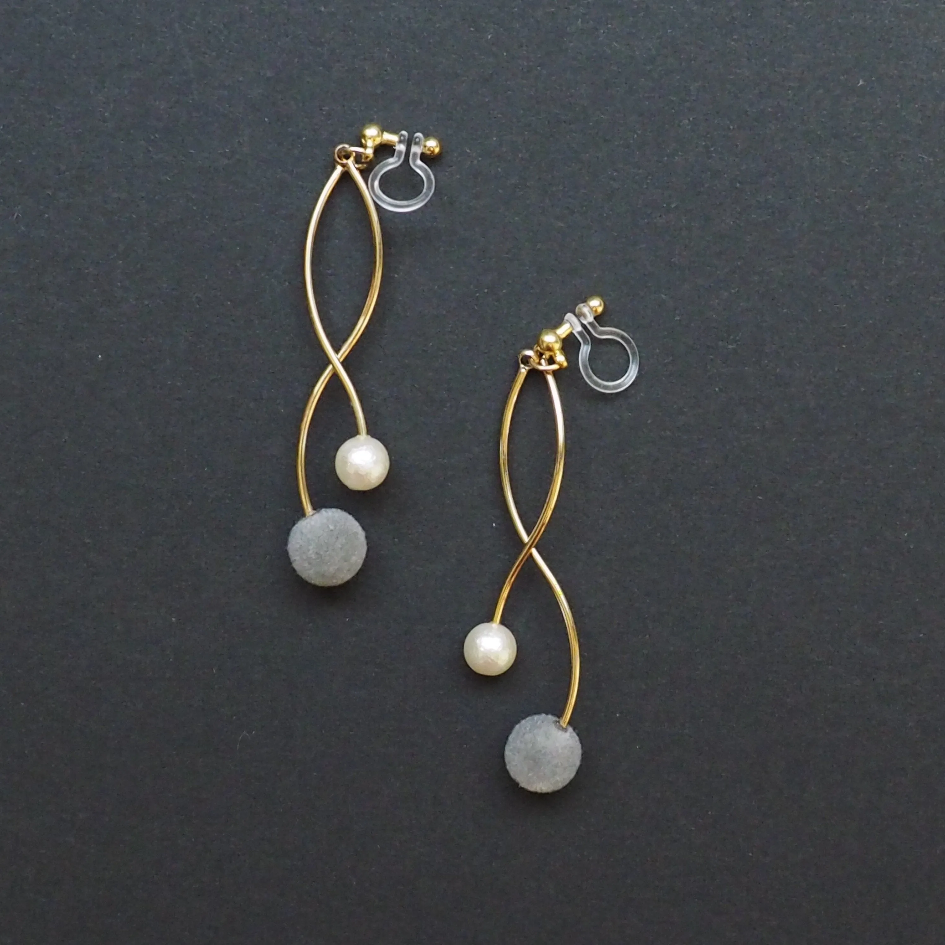 Gray velvet balls and white pearl invisible clip on earrings