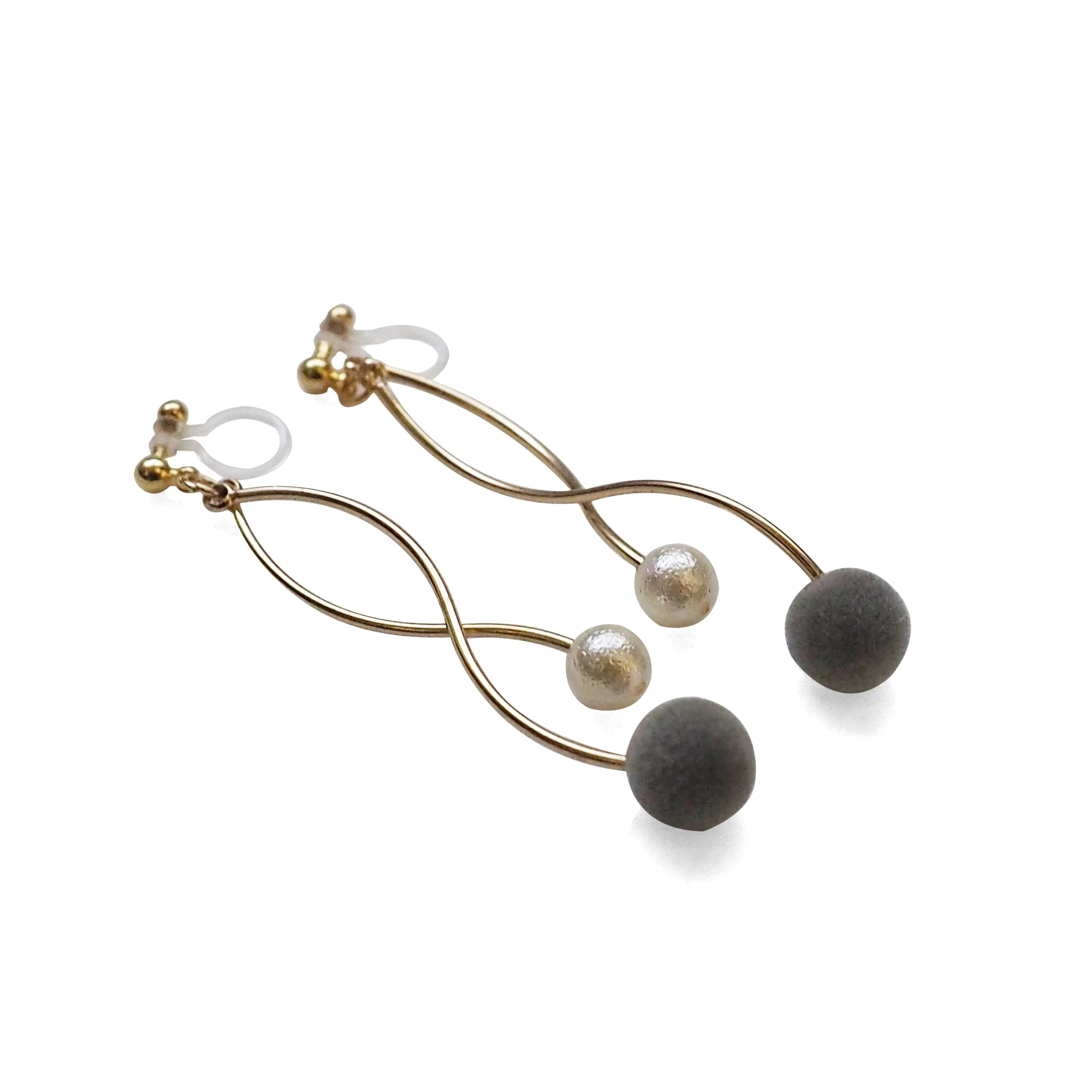 Gray velvet balls and white pearl invisible clip on earrings