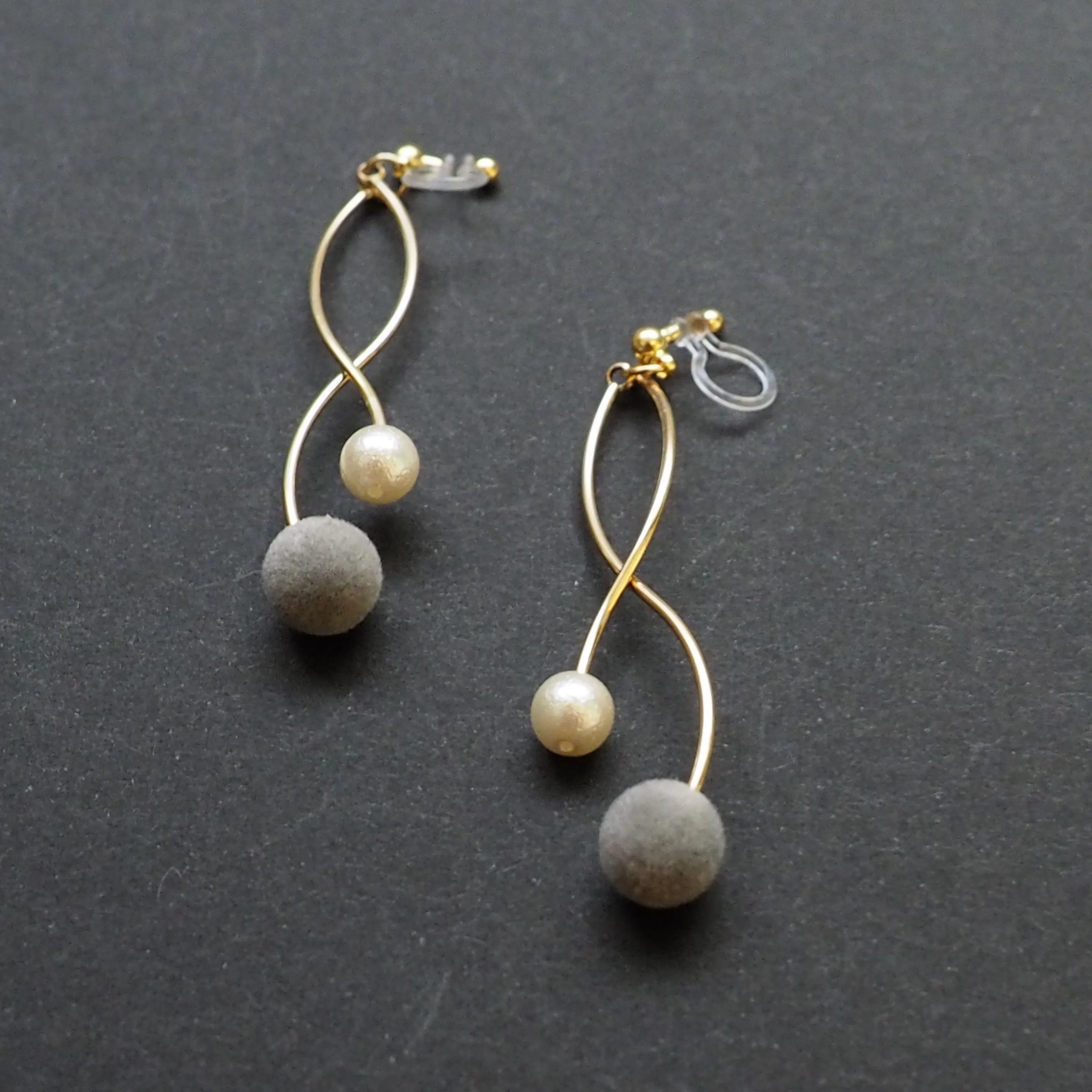 Gray velvet balls and white pearl invisible clip on earrings