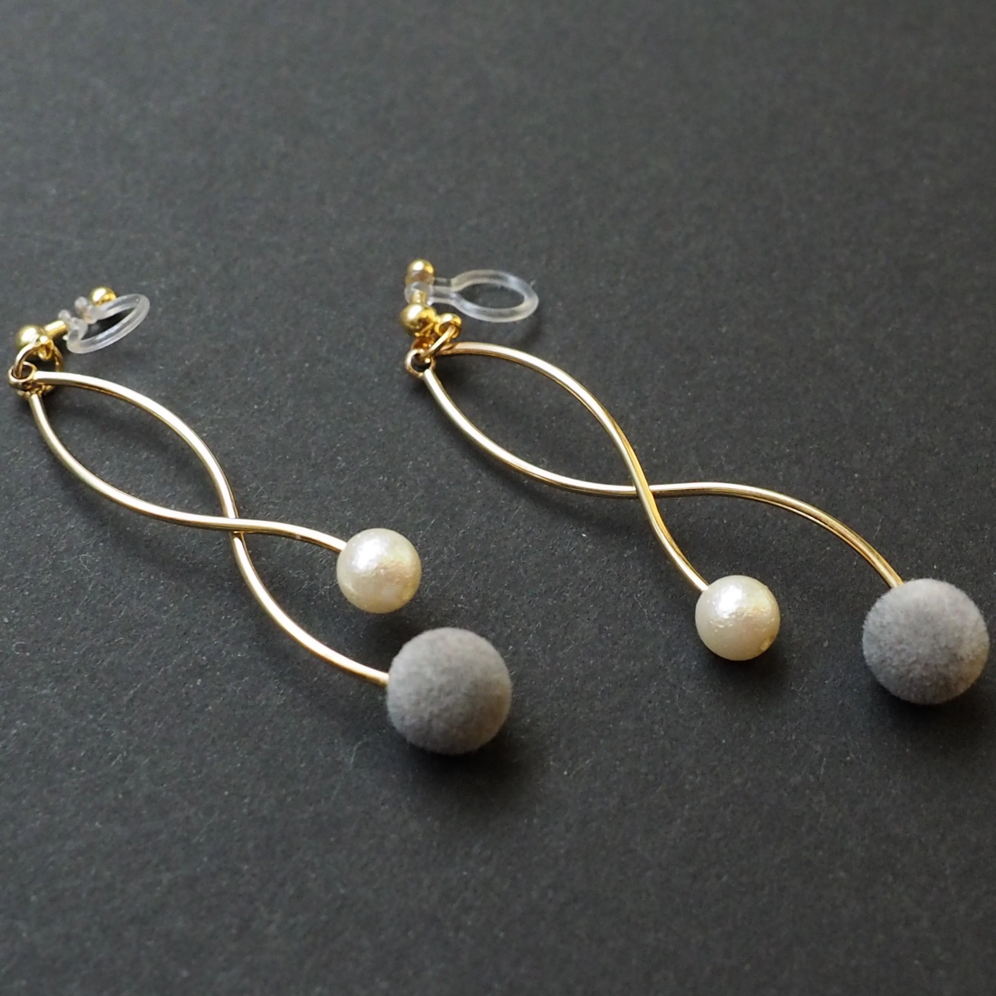 Gray velvet balls and white pearl invisible clip on earrings