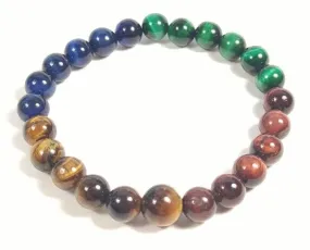 Green, Red, Blue & Yellow Tiger's Eye Stretchy Beaded Bracelet - Wrist Mala Prayer Beads - 8mm