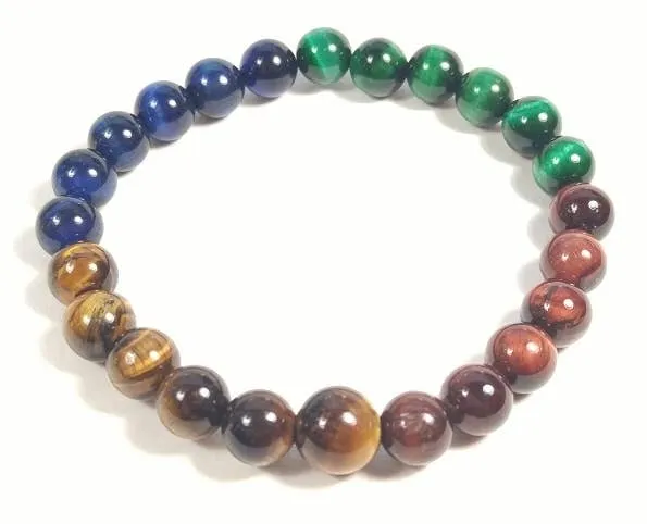 Green, Red, Blue & Yellow Tiger's Eye Stretchy Beaded Bracelet - Wrist Mala Prayer Beads - 8mm
