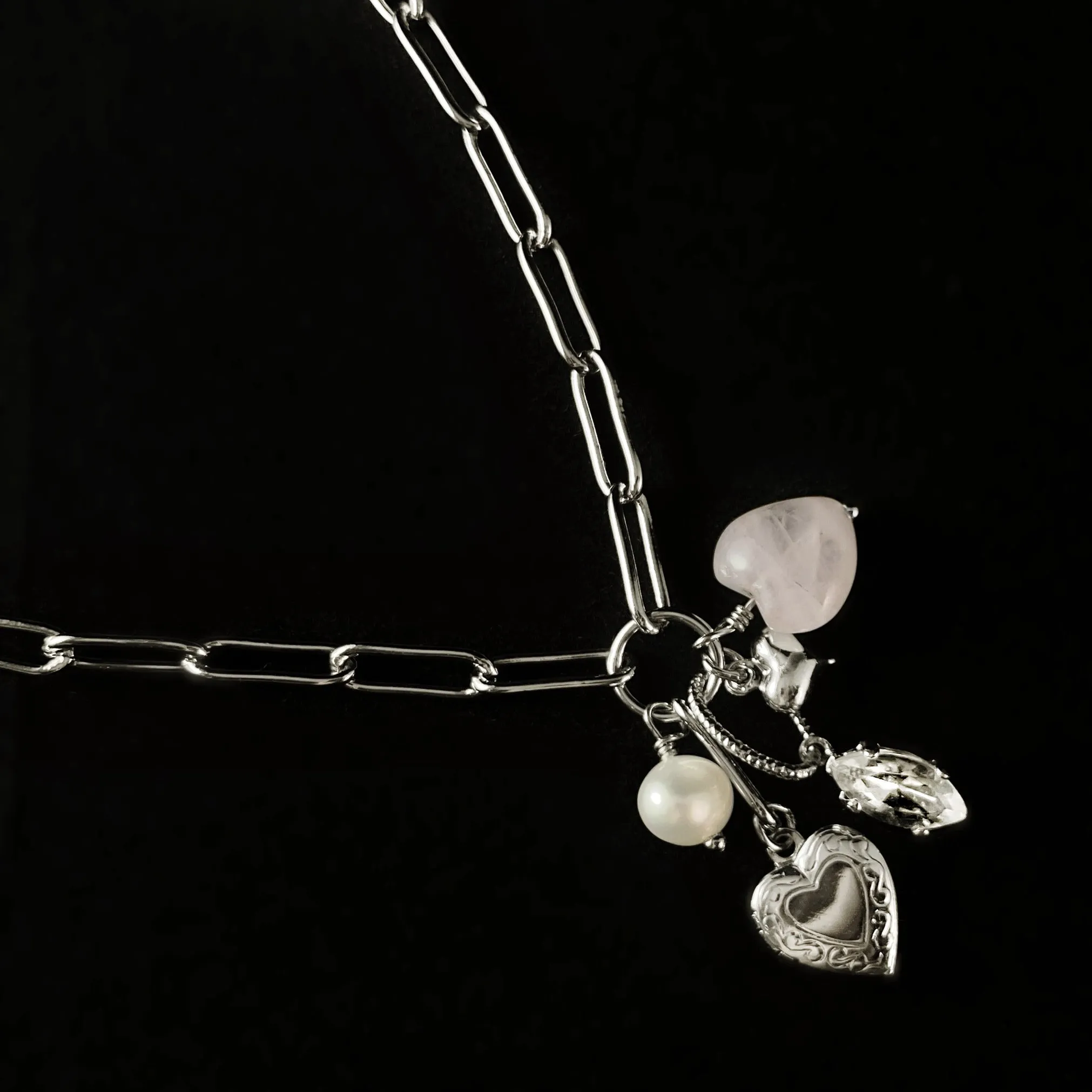 Hearts and Crystals Adjustable Silver Charm Necklace, Maggie - Sorrelli