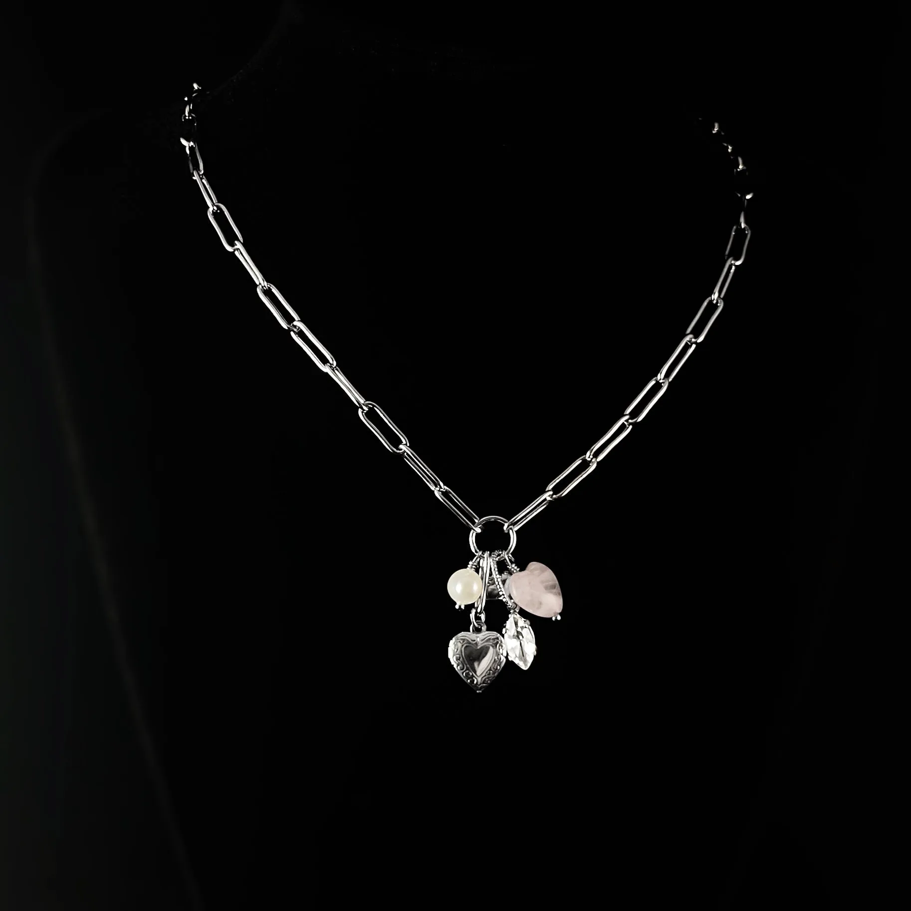 Hearts and Crystals Adjustable Silver Charm Necklace, Maggie - Sorrelli