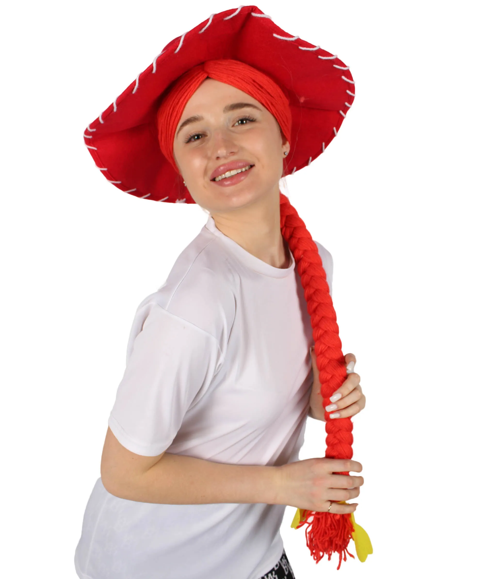 HPO Adult Women's Cowgirl Yarn-Braided Wig with Felt Hat