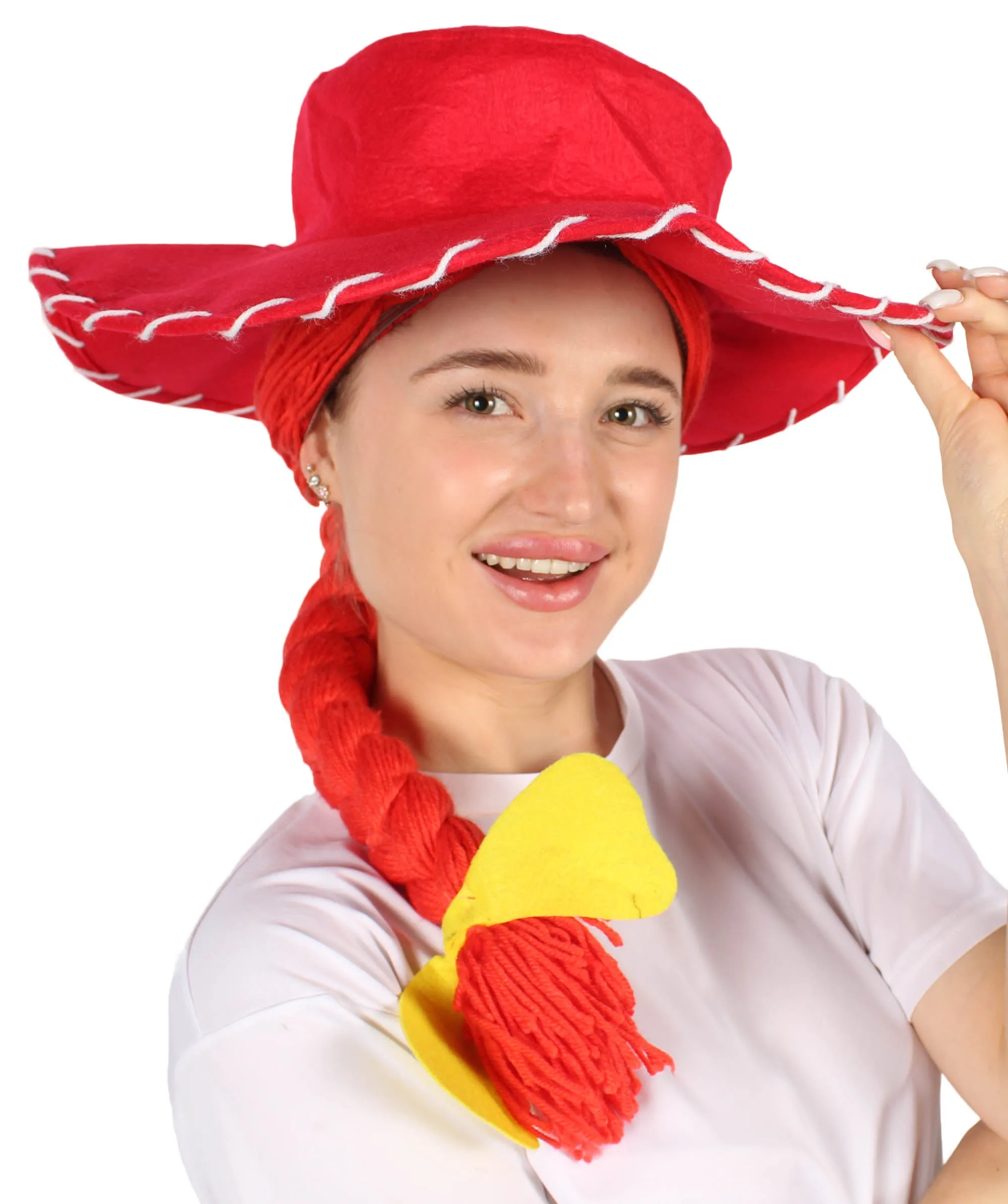 HPO Adult Women's Cowgirl Yarn-Braided Wig with Felt Hat