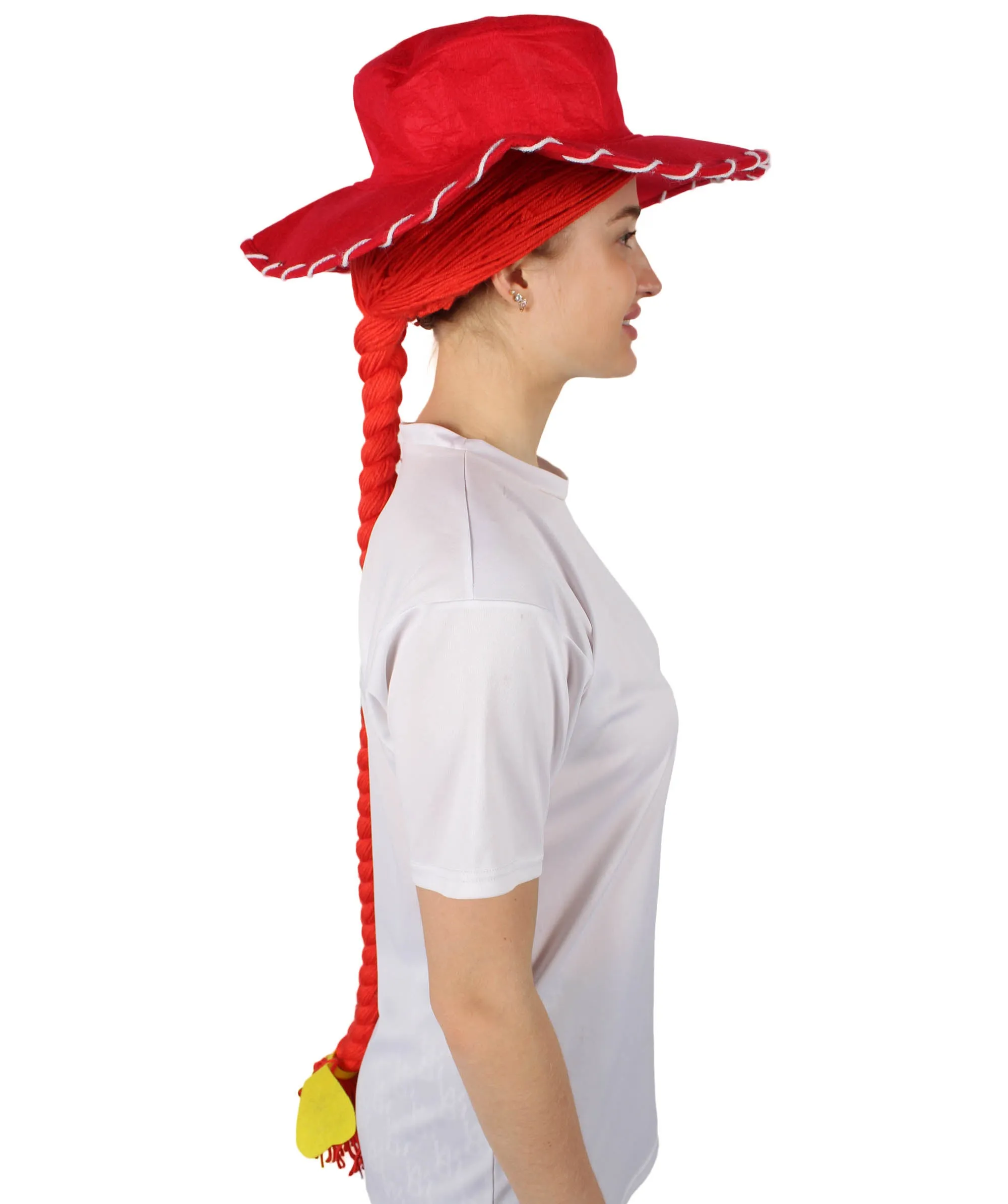 HPO Adult Women's Cowgirl Yarn-Braided Wig with Felt Hat