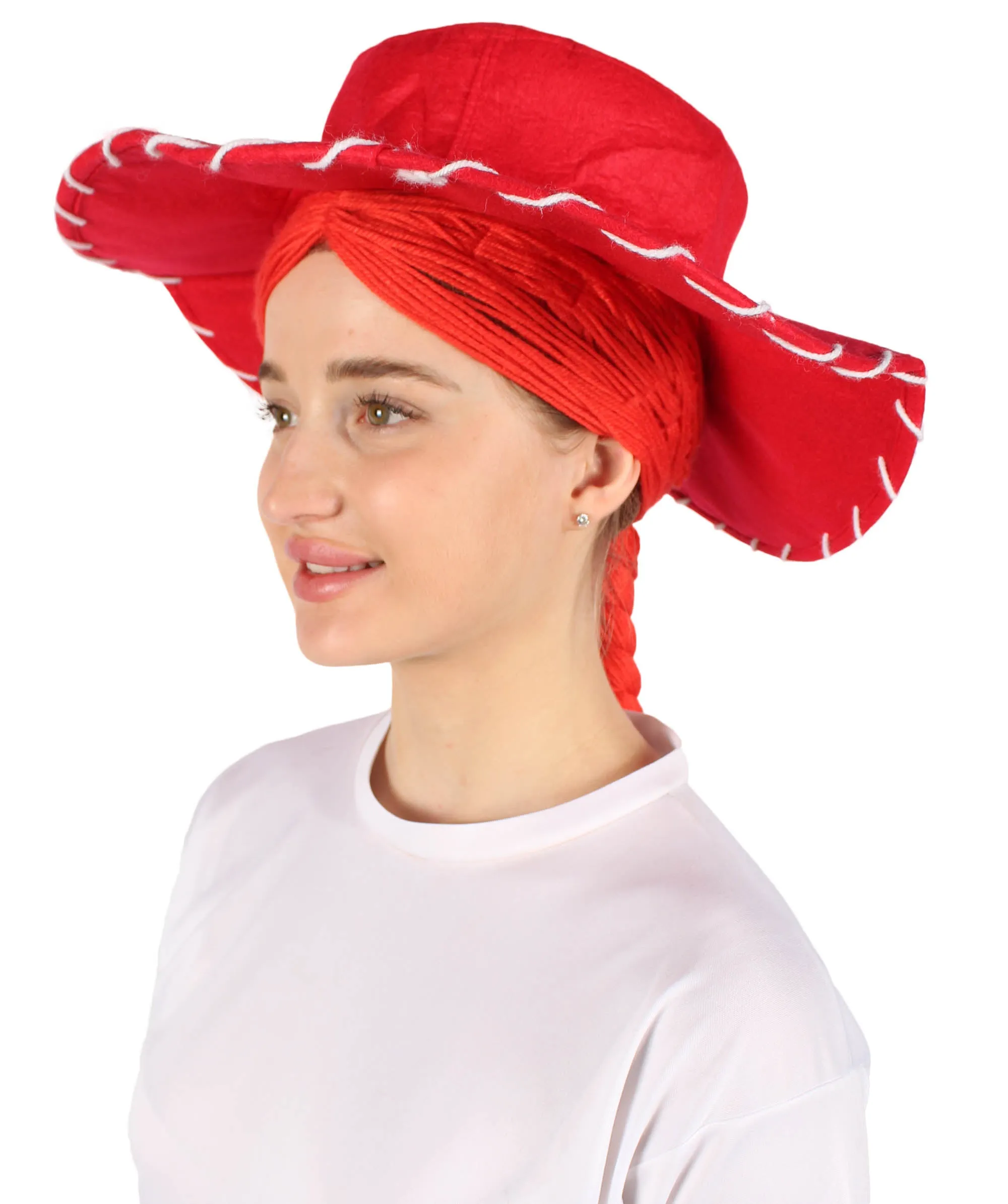 HPO Adult Women's Cowgirl Yarn-Braided Wig with Felt Hat