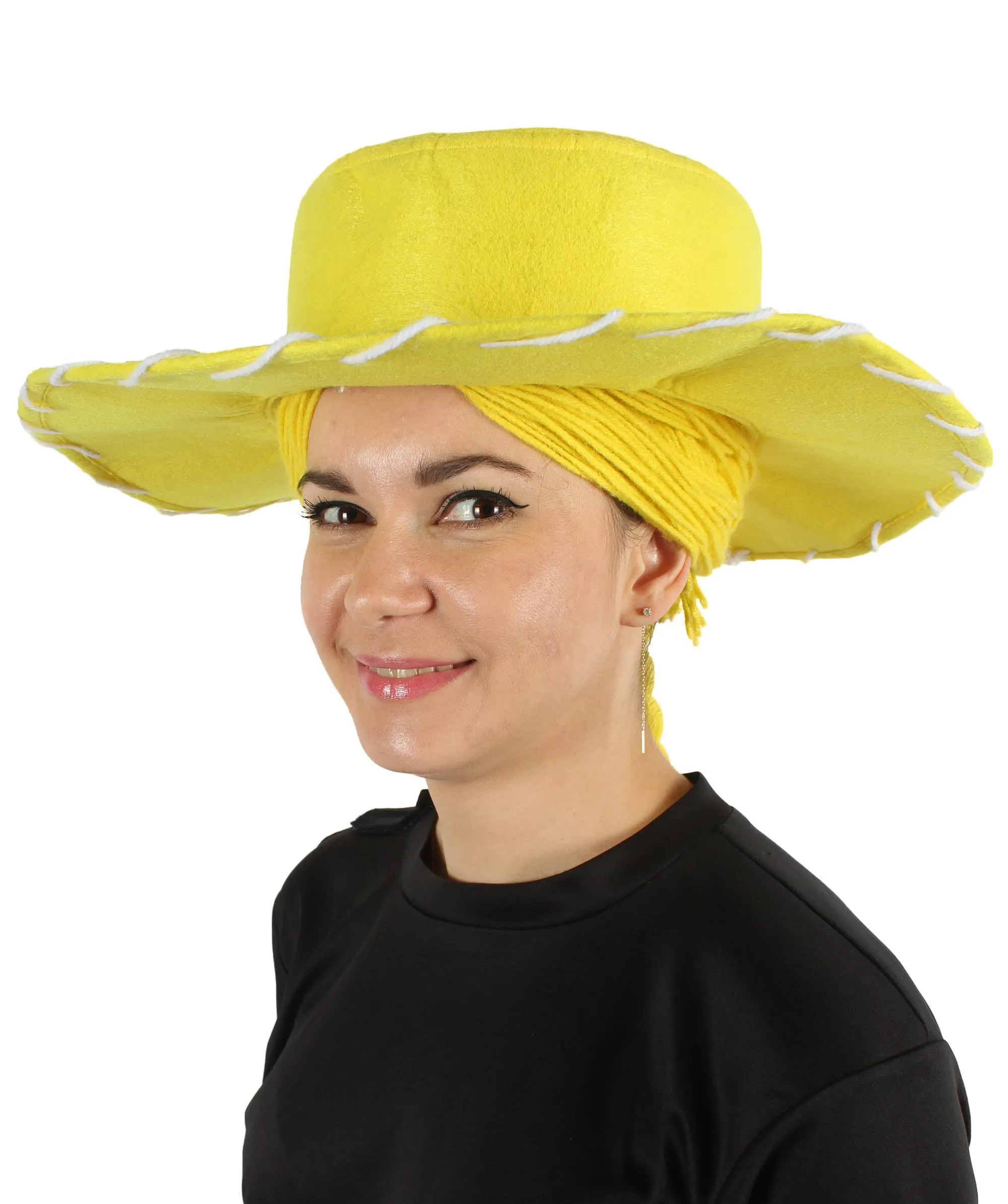HPO Adult Women's Cowgirl Yarn-Braided Wig with Felt Hat