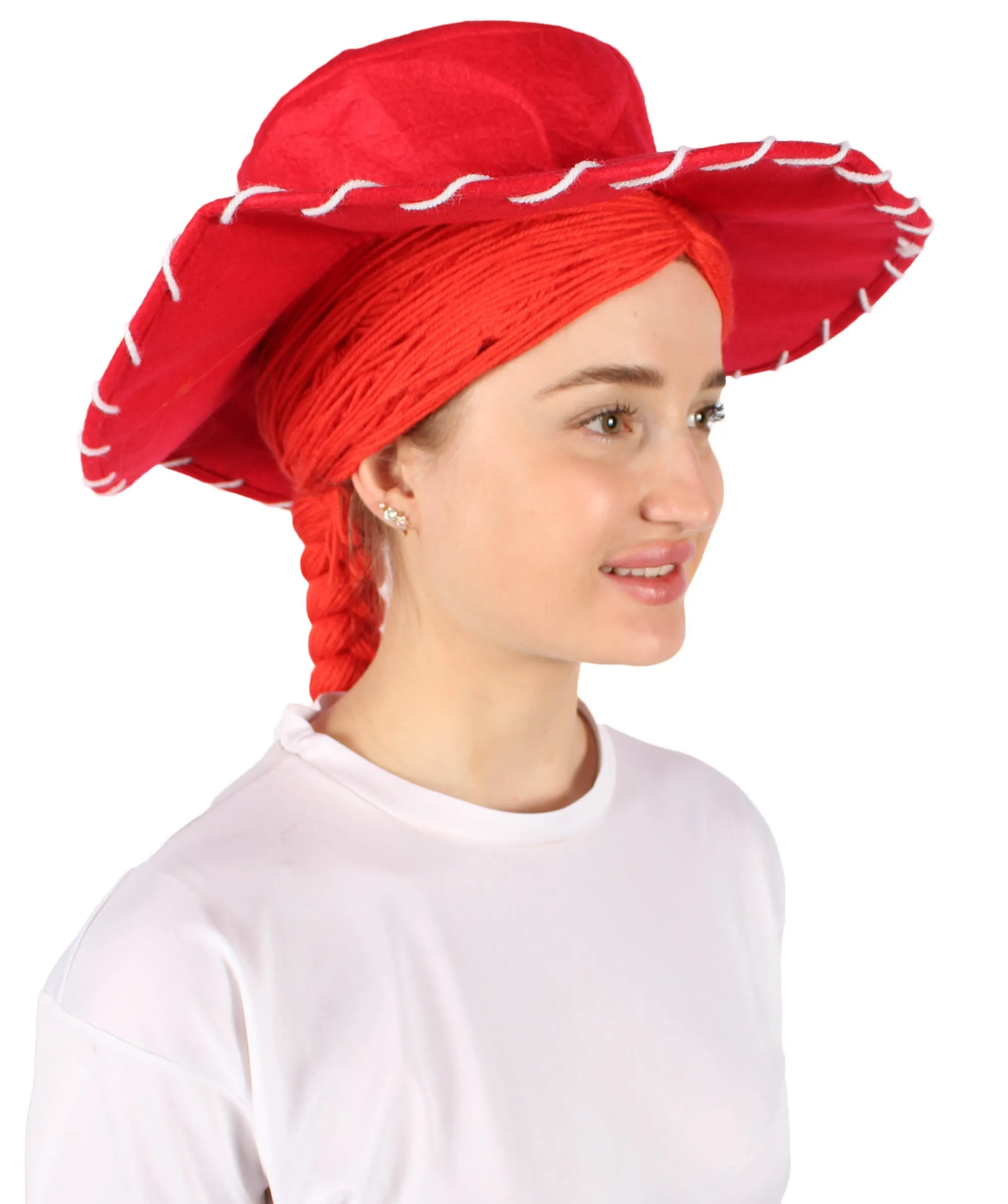 HPO Adult Women's Cowgirl Yarn-Braided Wig with Felt Hat
