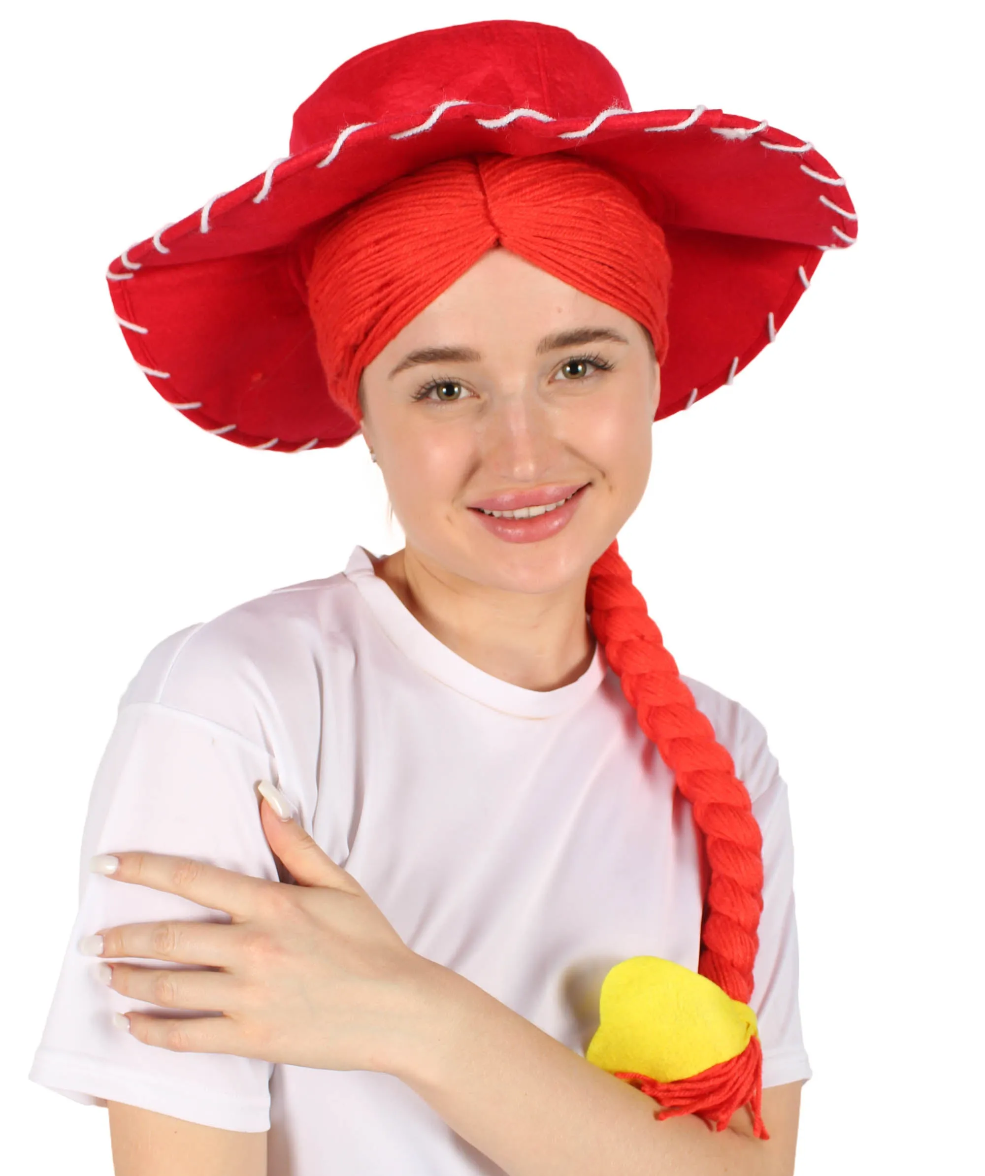 HPO Adult Women's Cowgirl Yarn-Braided Wig with Felt Hat
