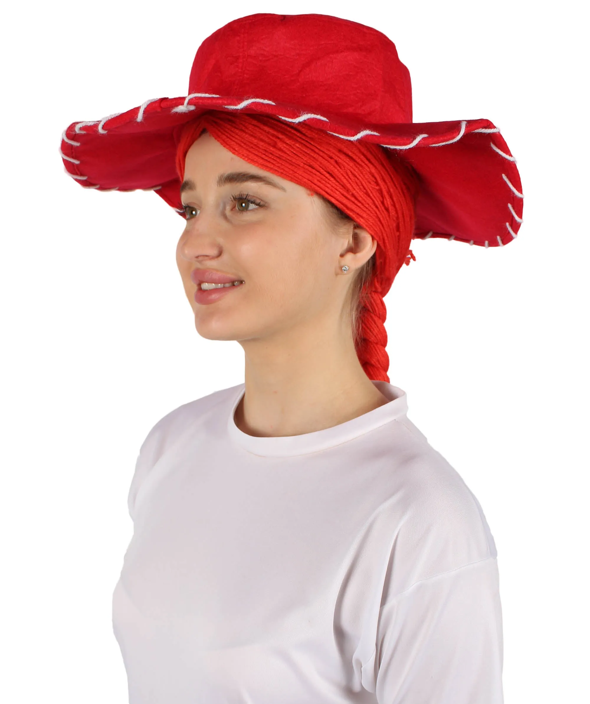 HPO Adult Women's Cowgirl Yarn-Braided Wig with Felt Hat