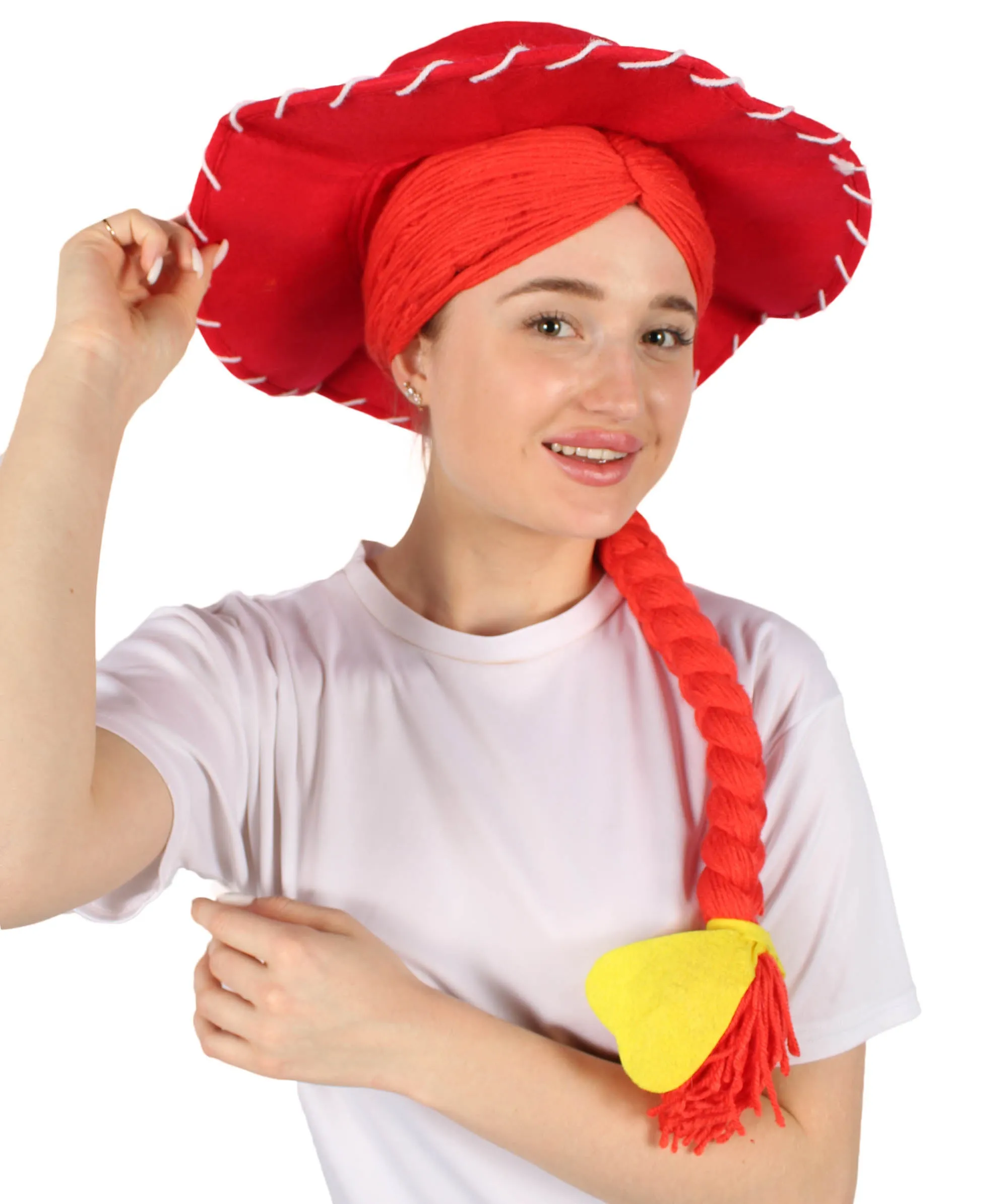 HPO Adult Women's Cowgirl Yarn-Braided Wig with Felt Hat