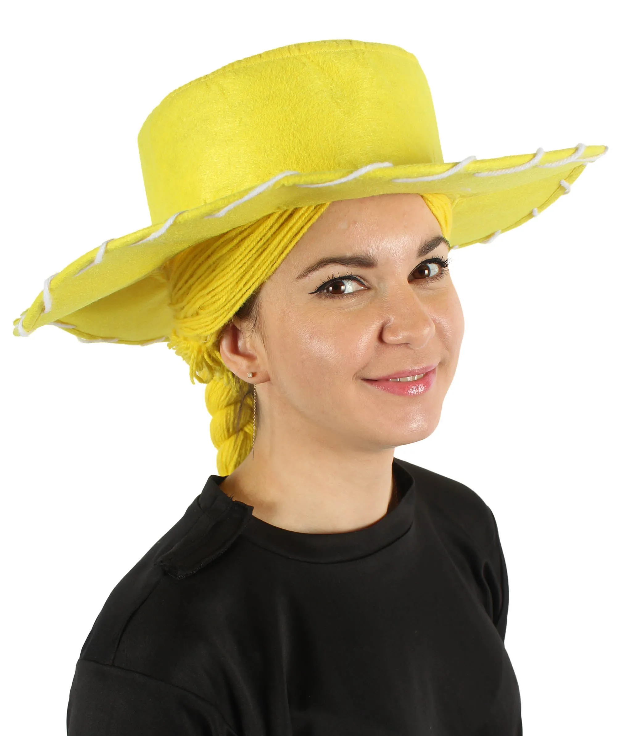 HPO Adult Women's Cowgirl Yarn-Braided Wig with Felt Hat