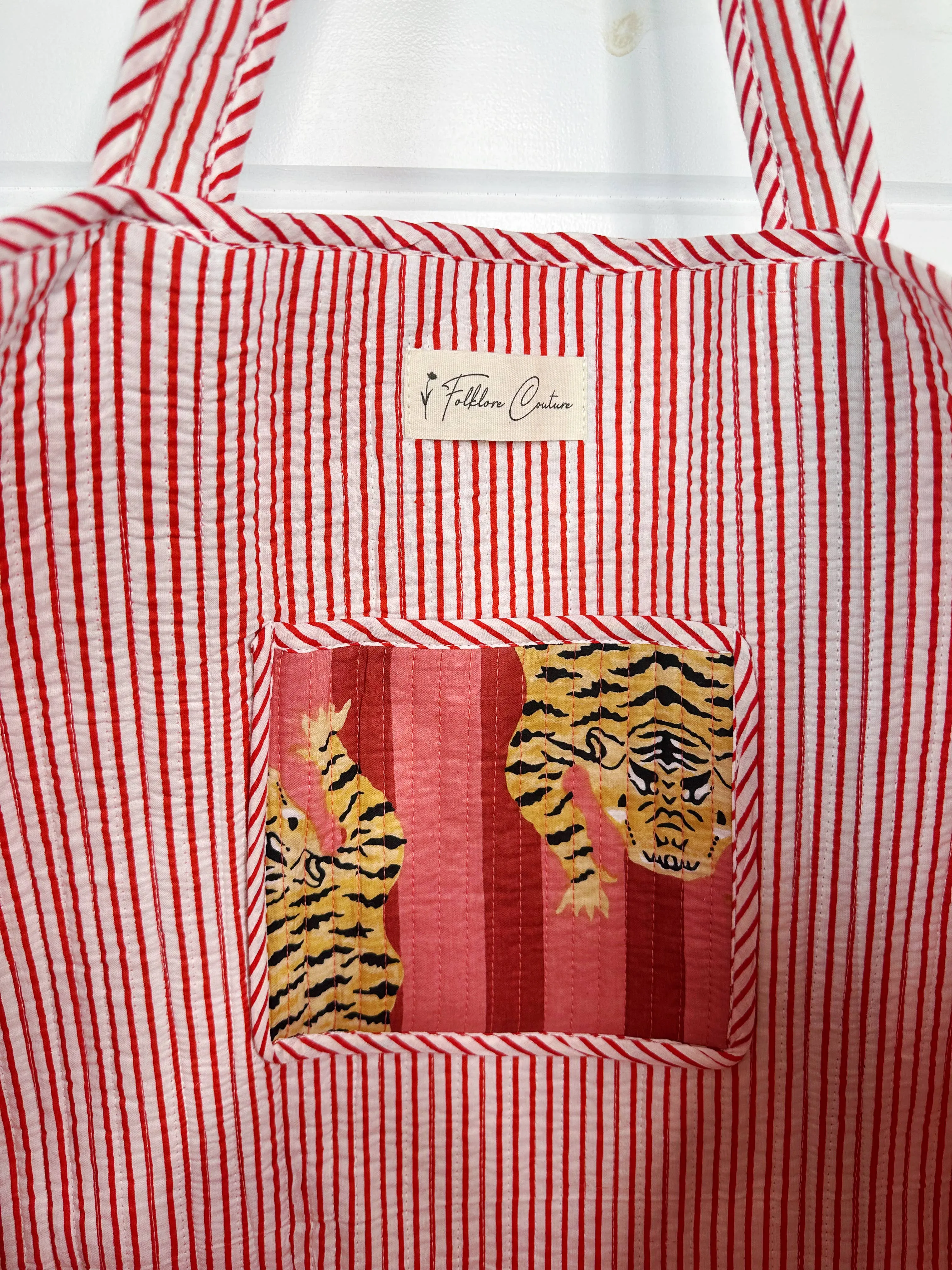 Iconic Oversized Quilted Tote Bag in Pink Stripe/Tiger