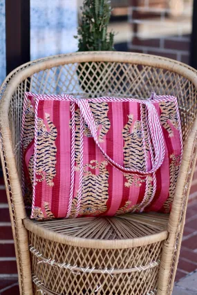 Iconic Oversized Quilted Tote Bag in Pink Stripe/Tiger