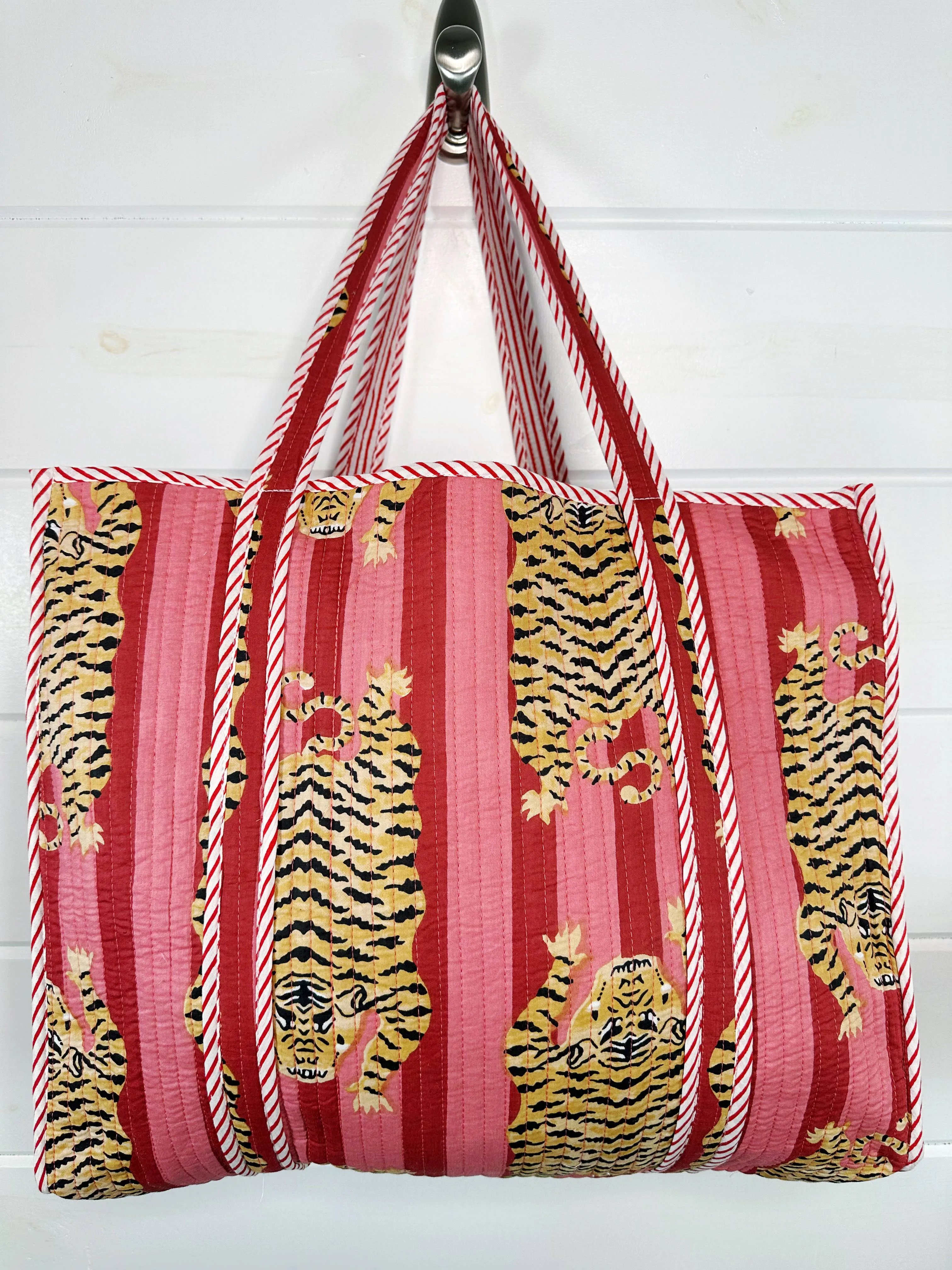 Iconic Oversized Quilted Tote Bag in Pink Stripe/Tiger