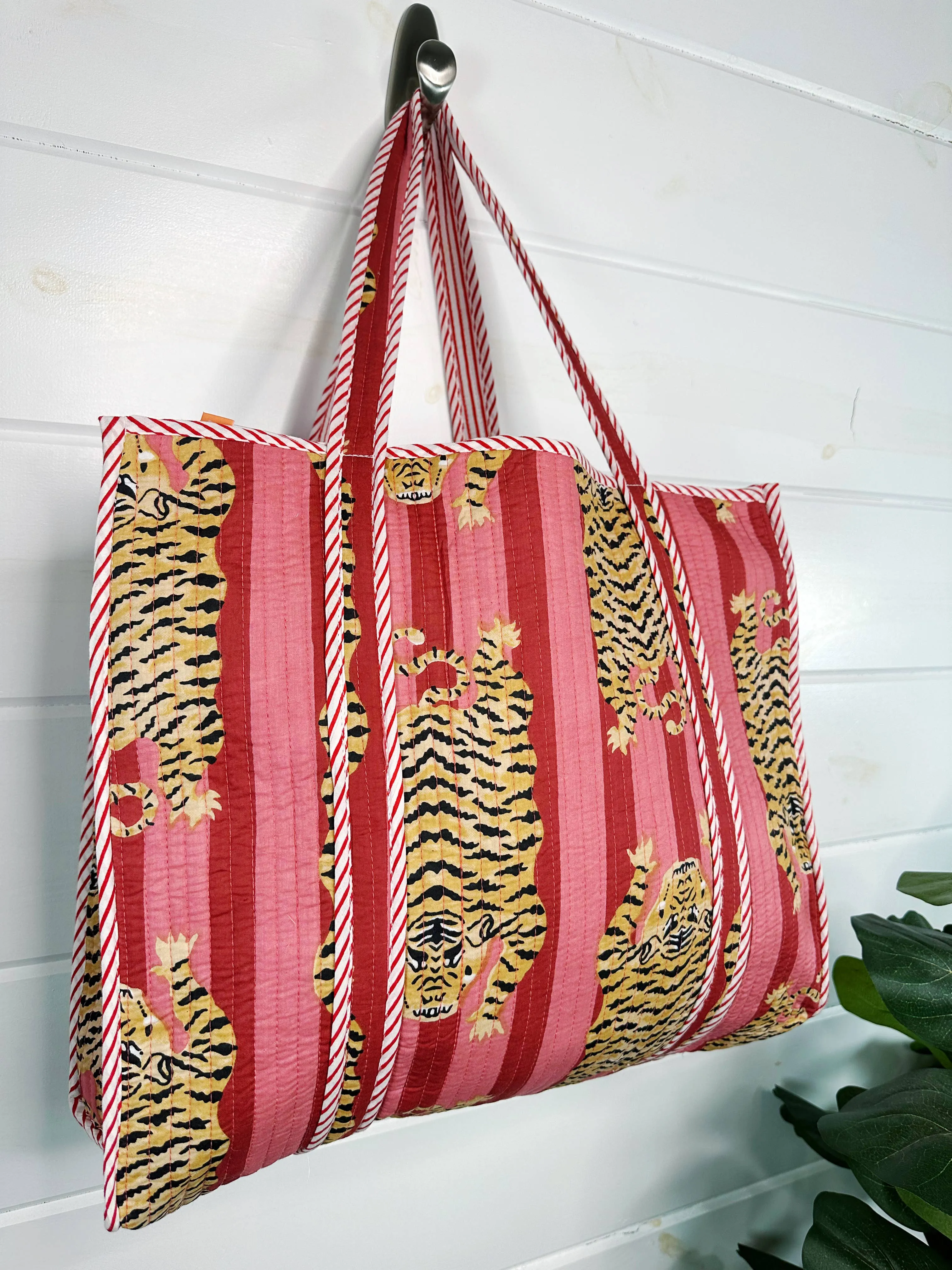 Iconic Oversized Quilted Tote Bag in Pink Stripe/Tiger