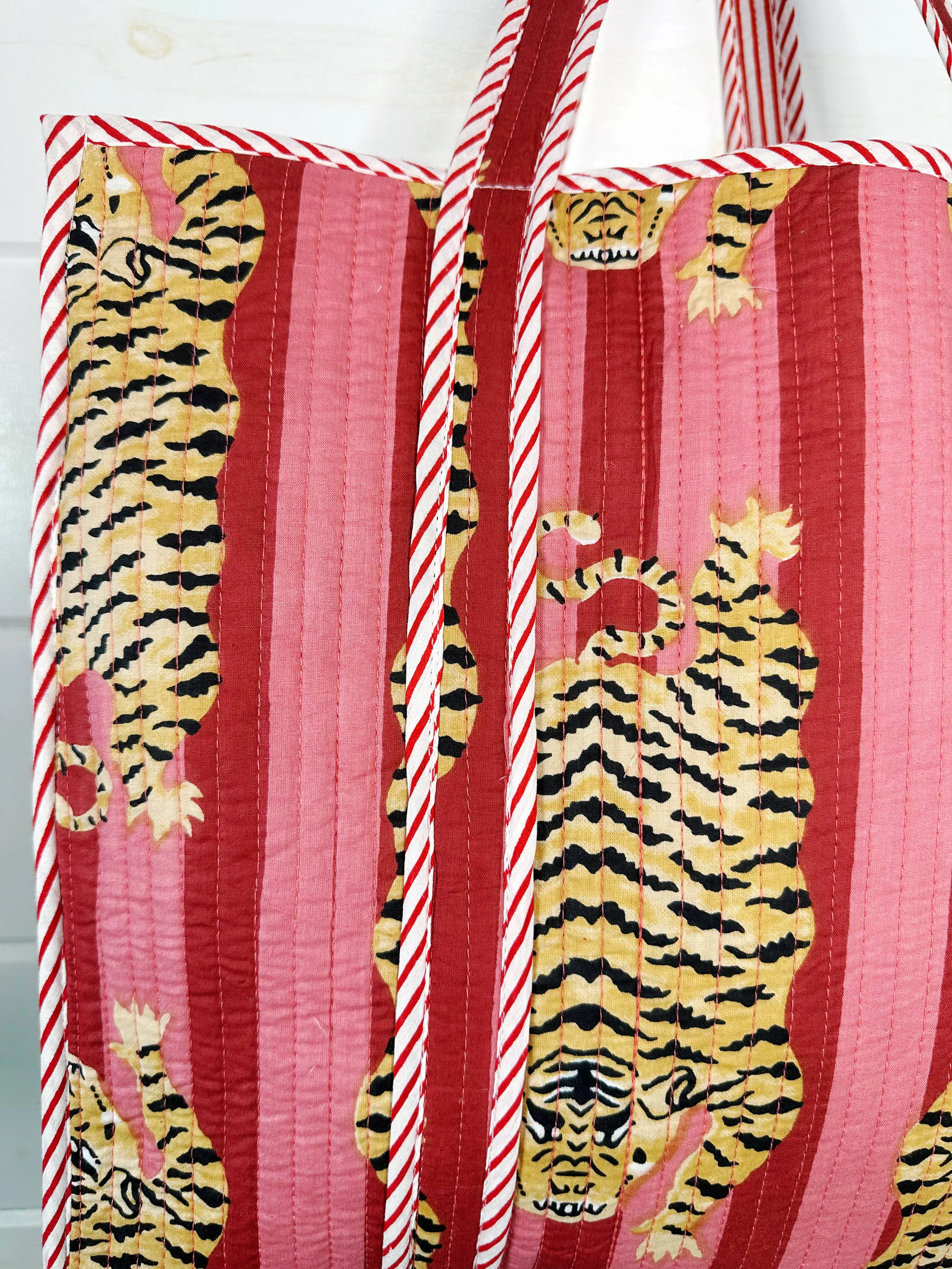 Iconic Oversized Quilted Tote Bag in Pink Stripe/Tiger