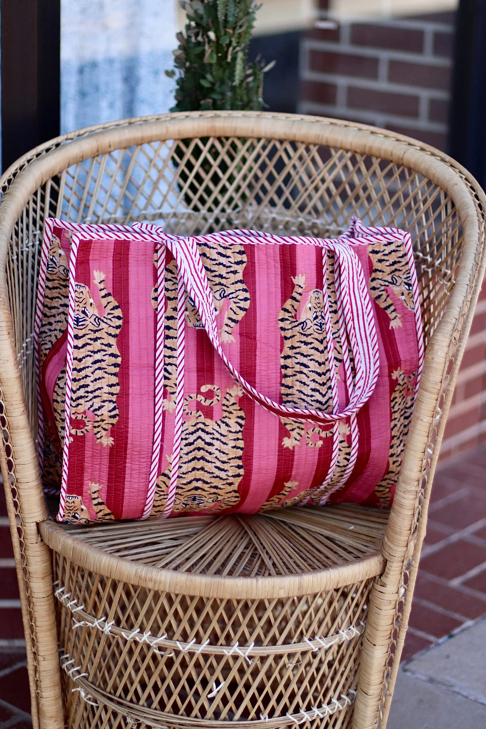 Iconic Oversized Quilted Tote Bag in Pink Stripe/Tiger