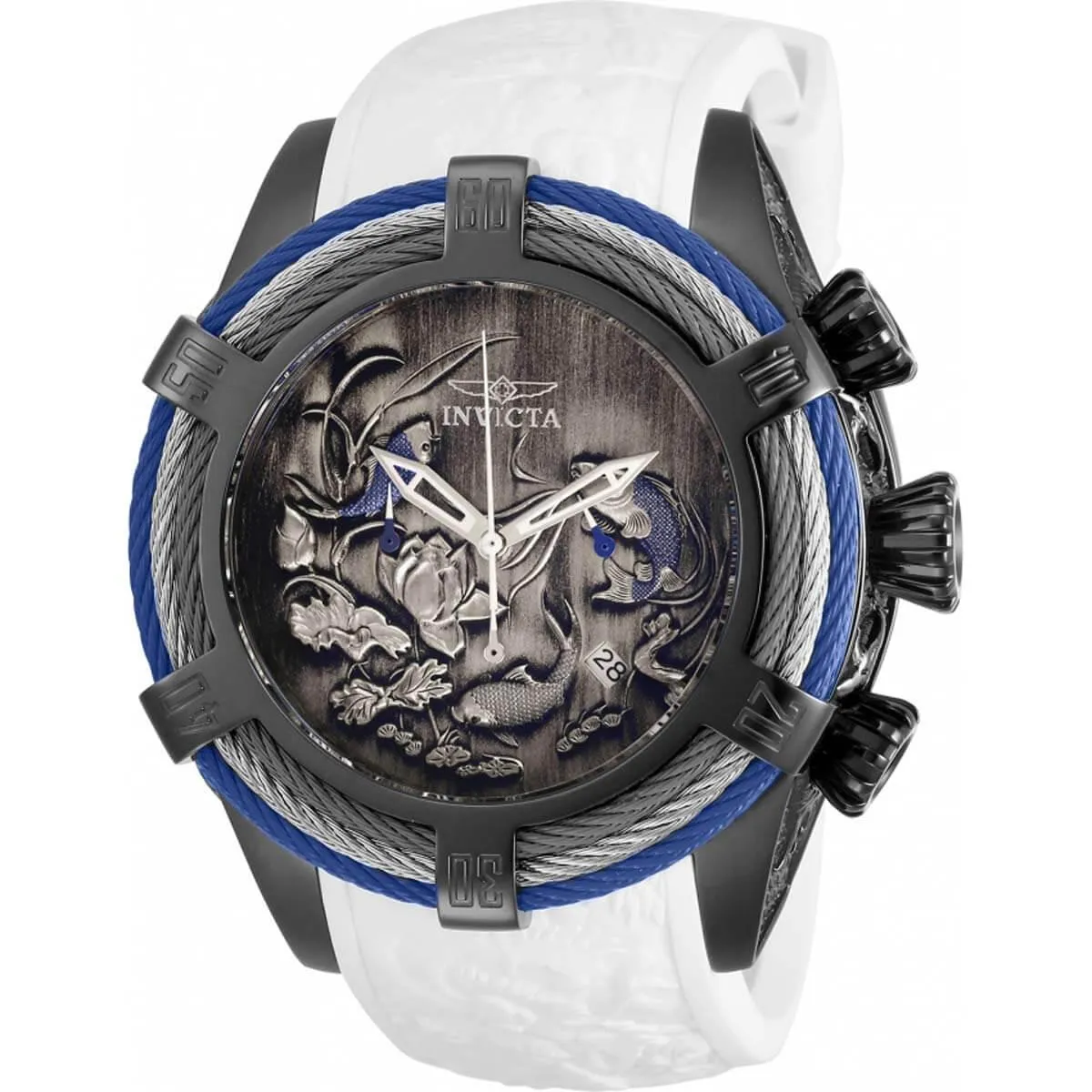 Invicta Men's Chrono Watch - Bolt Grey, Black, Blue Dial White Silicone Strap | 28218