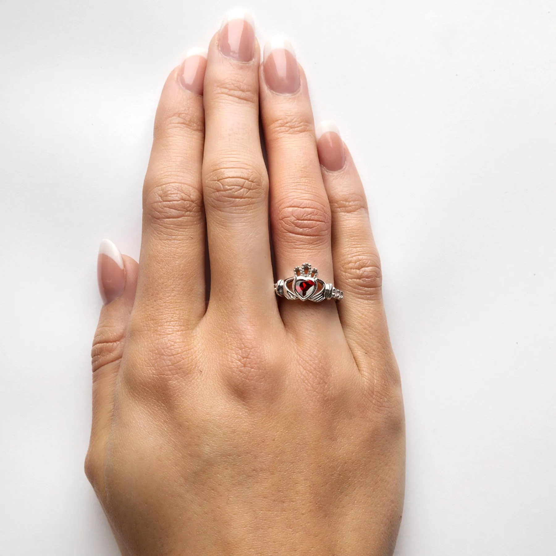 Irish Claddagh Ring - Sterling Silver with January Birthstone