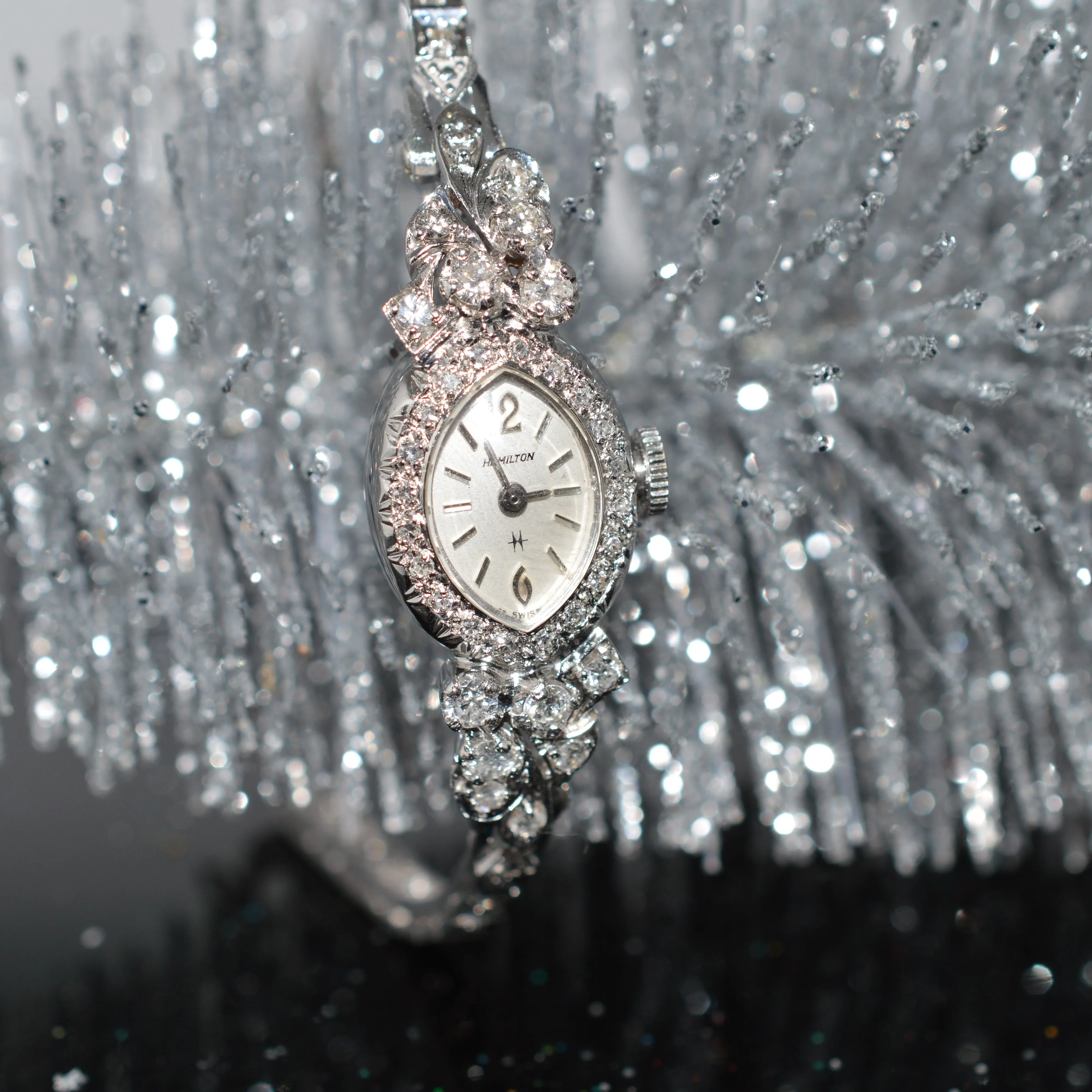Ladies 14K White Gold Diamond Hamilton Watch With Marquise Shape Dial