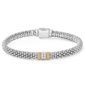 LAGOS .20tw Caviar Lux 6mm Beaded Bracelet with one Pave Diamond Station in Sterling Silver and 18kt Yellow Gold Size M