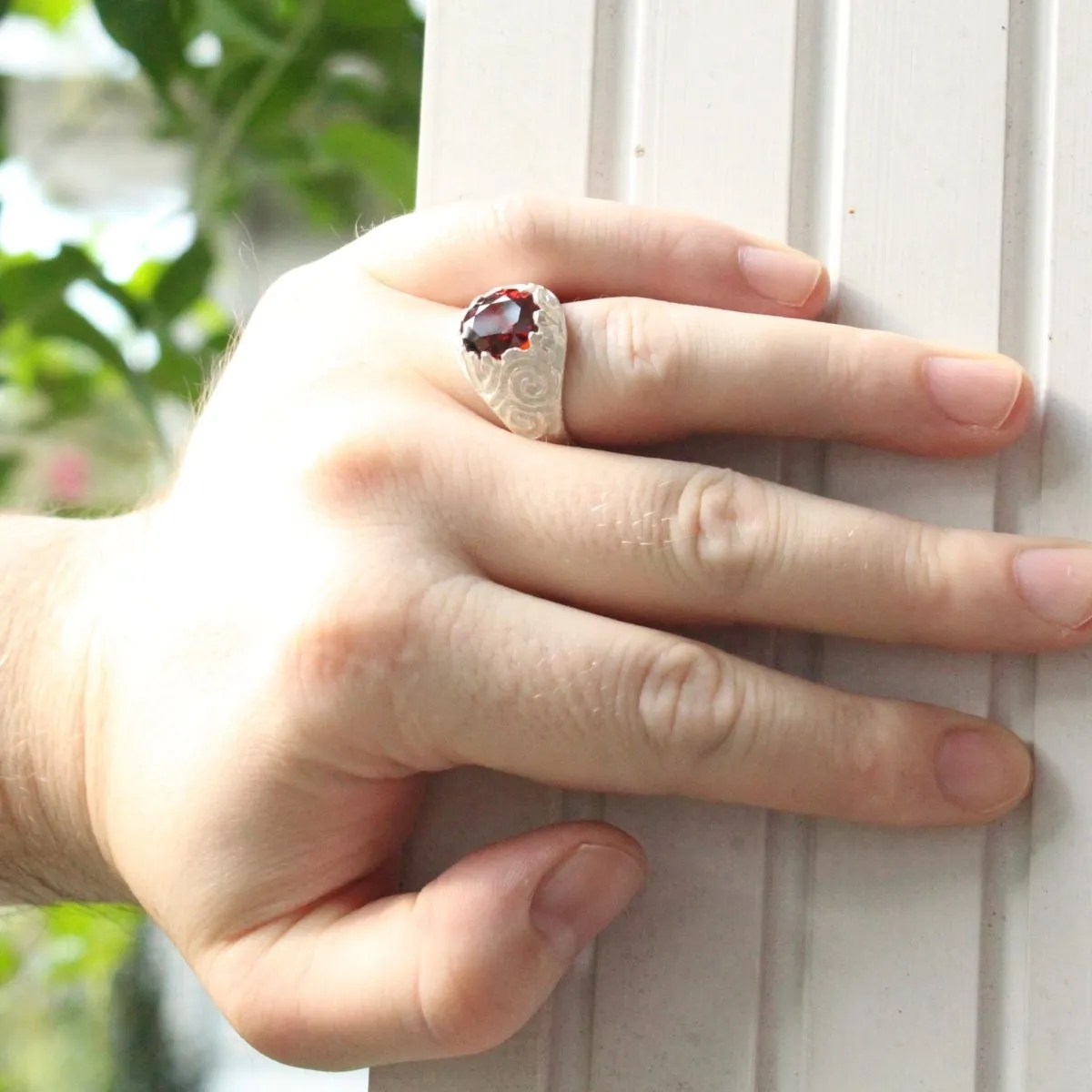 Large Men's Oval ring with January Birthstone Synthetic Garnet