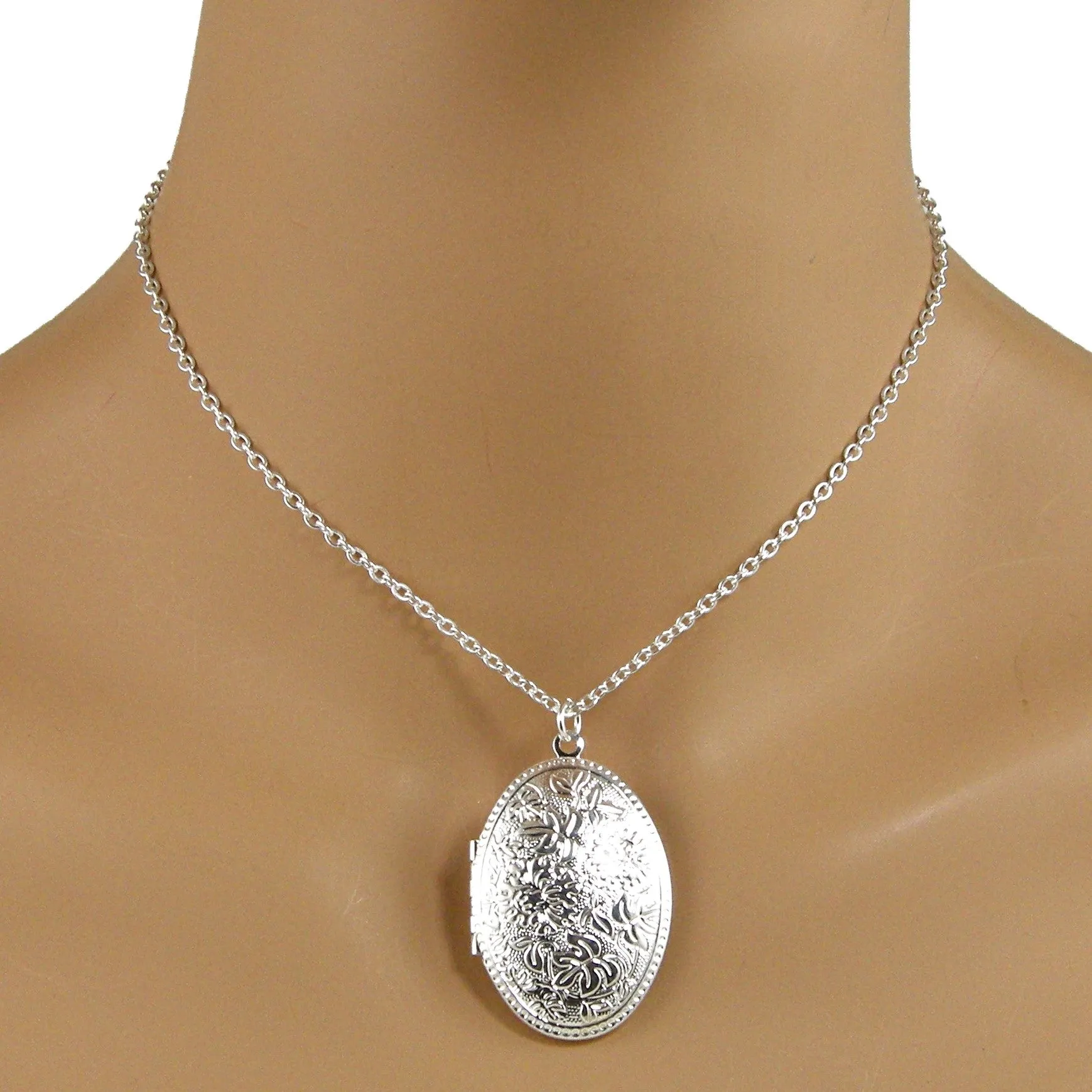 Large Sterling Silver Oval Photo Locket Necklace
