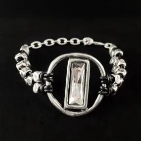 Leather Beaded Bracelet with Large Rectangular Crystal, Handmade, Nickel Free-Noir
